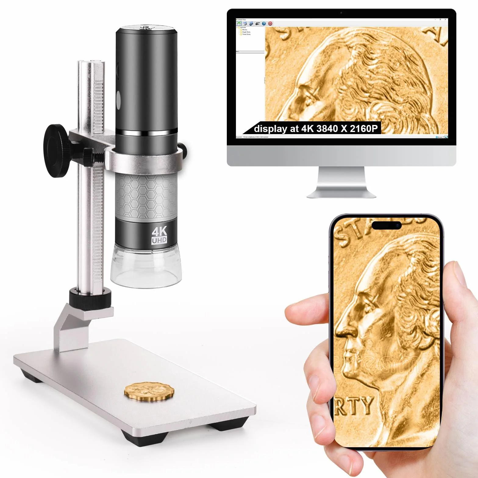 Mikroskop 4K WiFi z profesjonalnym stojakiem, cyfrowy mikroskop USB z kamerą HD 50-1000X Kompatybilny z iPhone, iPad, Android telefonem tabletem, Windows Mac Chrome Linuxem