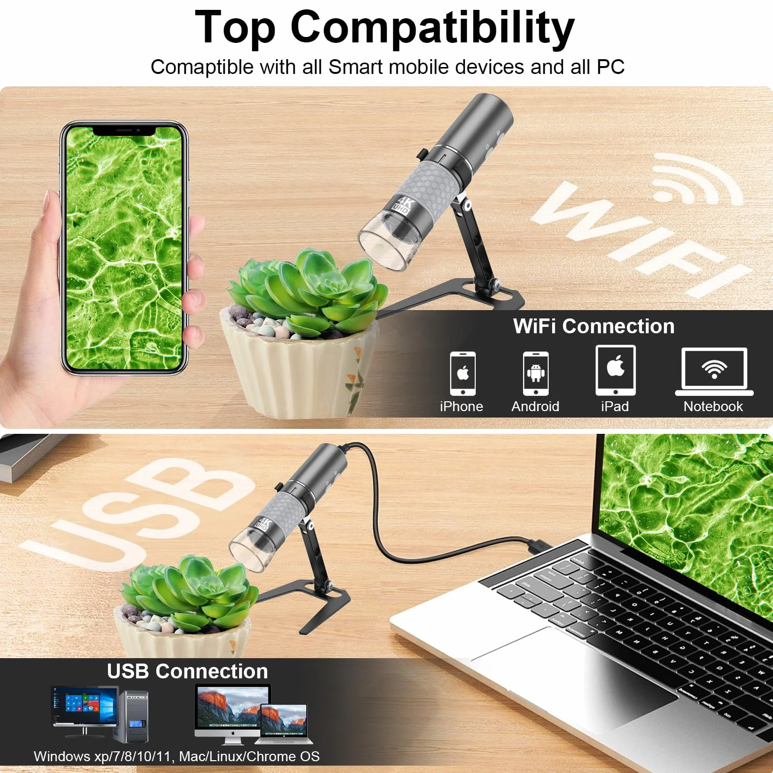 Mikroskop cyfrowy 4K 3840 x 2160p WiFi do telefonów iPhone z systemem Android i Windows, Mac, PC, przenośny mikroskop ręczny z metalowym stojakiem