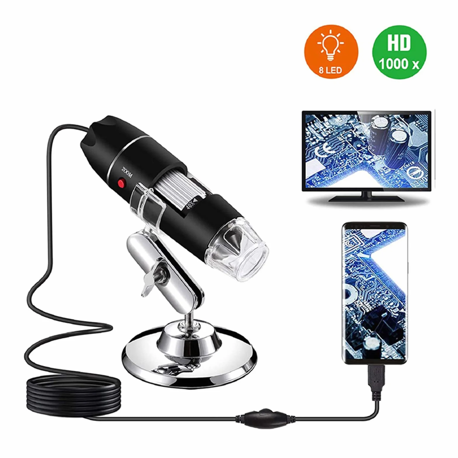 Cyfrowy Mikroskop USB, USB Typu C Micro USB 3 w 1 1600X Powiększenie Endoskop Kamera, 8 LED Regulowany, Cyfrowy Lupa, dla Przemysłowych, Moduł Telekomunikacyjny