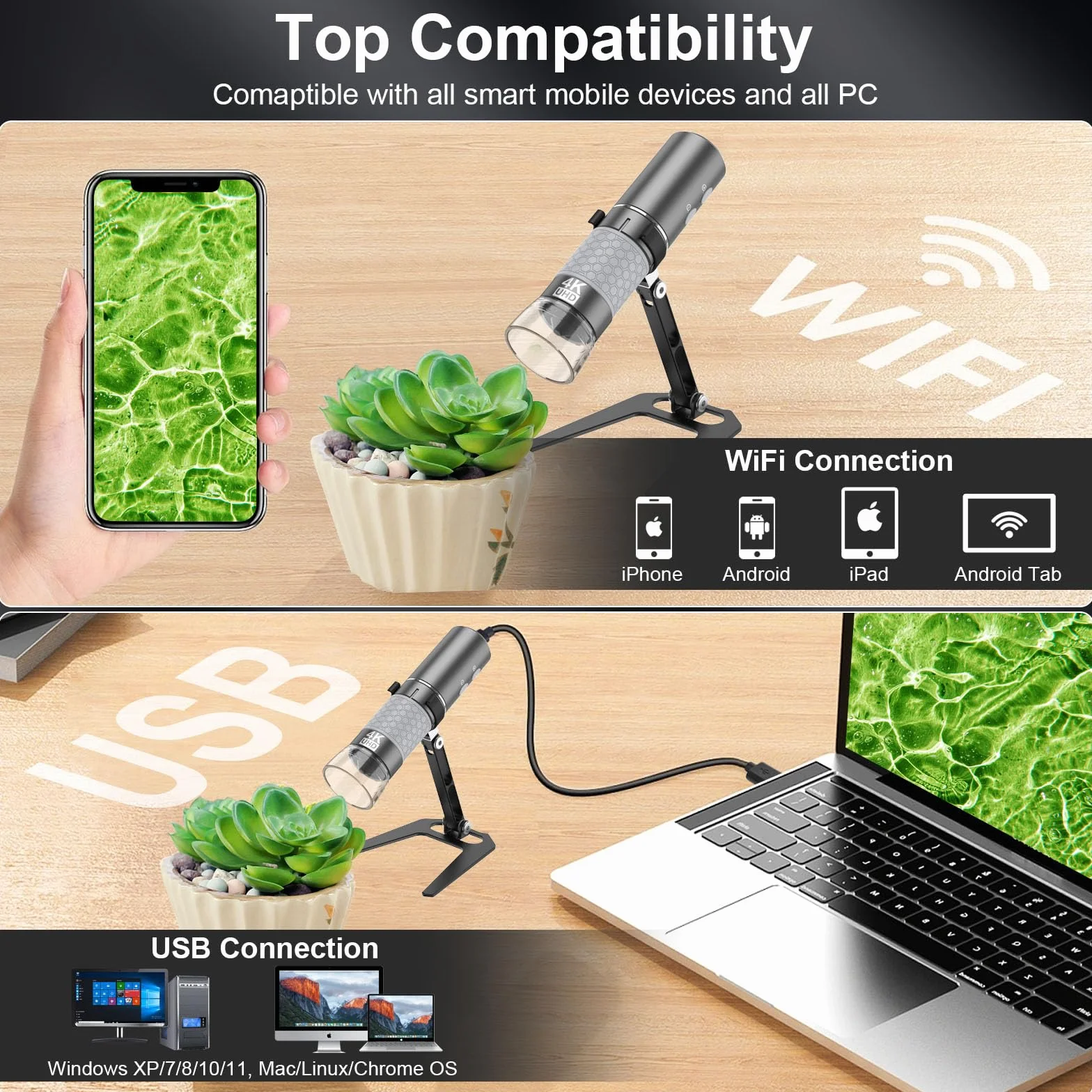 Mikroskop 4K WiFi Ulepszony stojak na iPhone'a Android PC 50-1000X Mikroskop cyfrowy USB Bezprzewodowy do wszystkich telefonów komórkowych iPad Android Tablet Windows Mac Chrome Linux Komputer