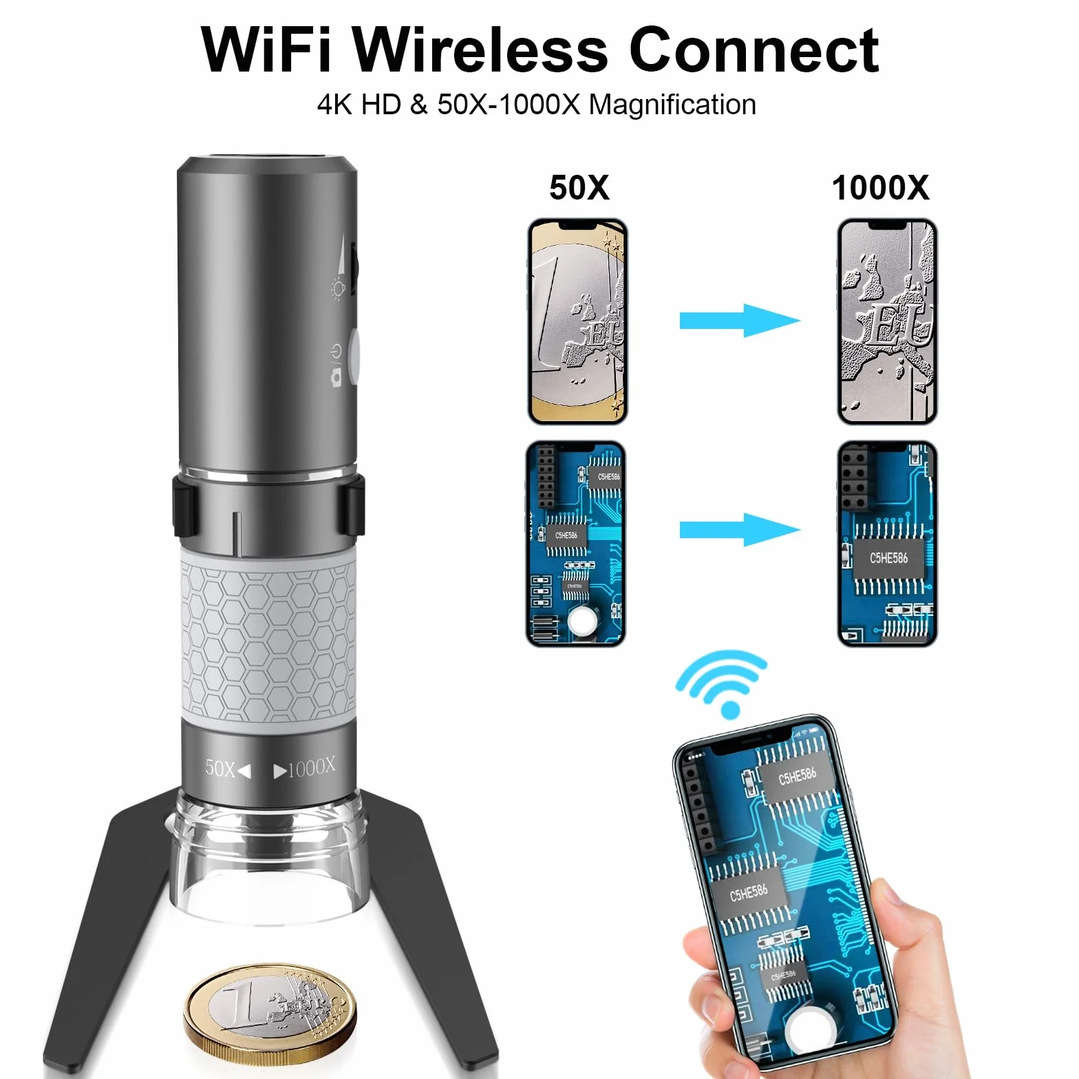 Mikroskop cyfrowy 4K 3840 x 2160p WiFi do telefonów iPhone z systemem Android i Windows, Mac, PC, przenośny mikroskop ręczny z metalowym stojakiem