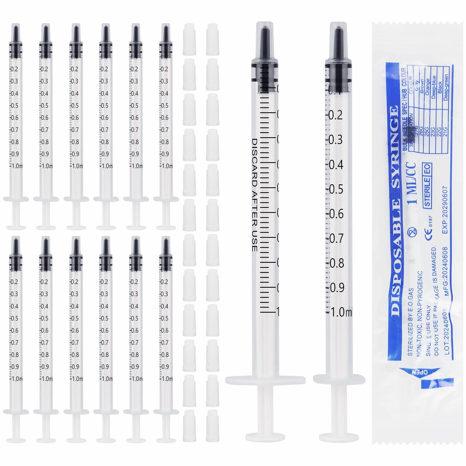 60 sztuk strzykawek 1 ml, strzykawka z siarą z nasadką, plastikowa strzykawka, strzykawka dozująca, 1 ml, do pomiaru płynów, eksperymentów, karmienia zwierząt domowych (bez igły)