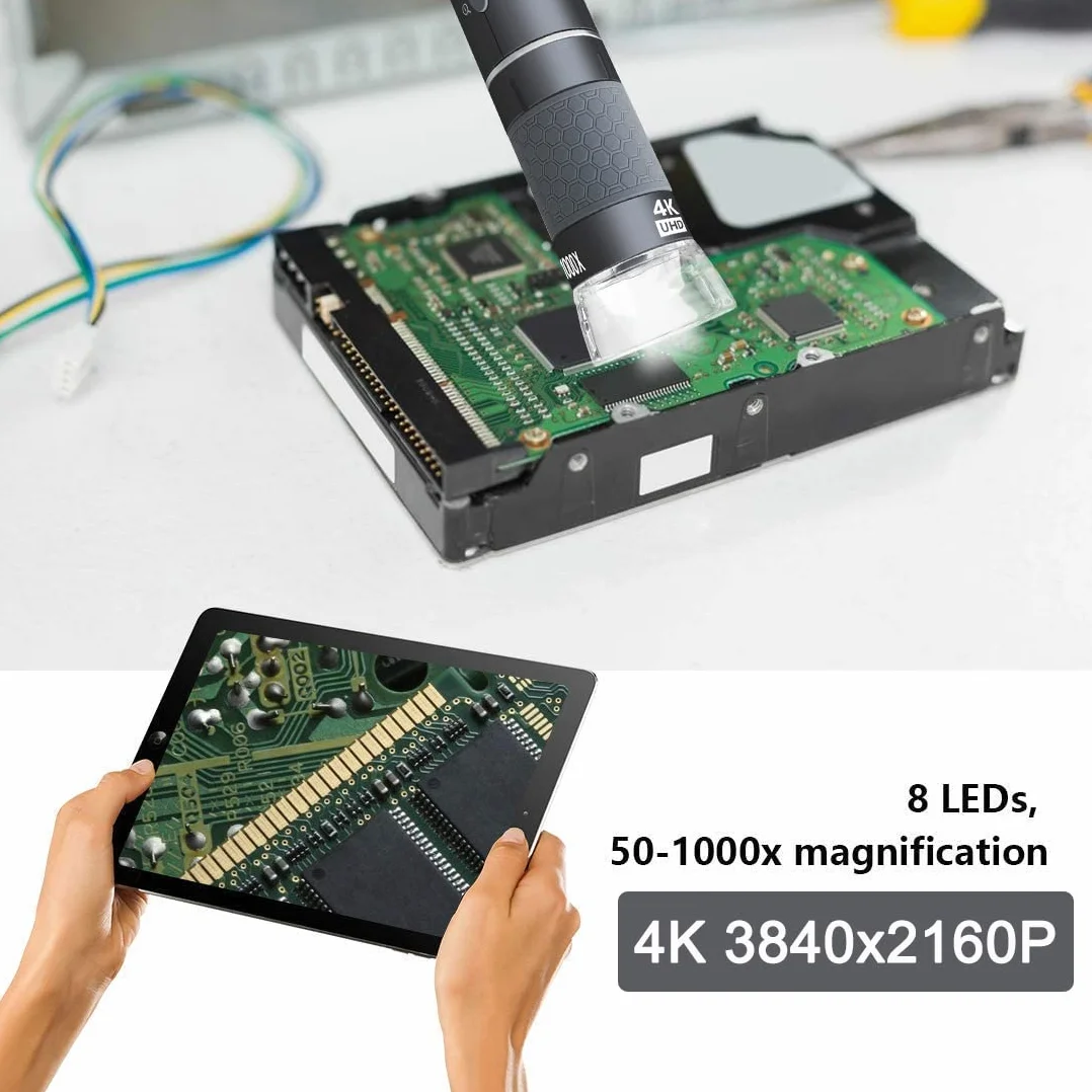 Jiusion Cyfrowy mikroskop ręczny WiFi USB, bezprzewodowe powiększenie od 50 do 1000x Endoskop 4K 3840x2160P Kamera 8 diod LED Kompatybilny z iPhone iPad Android Mac Windows Linux Chrome