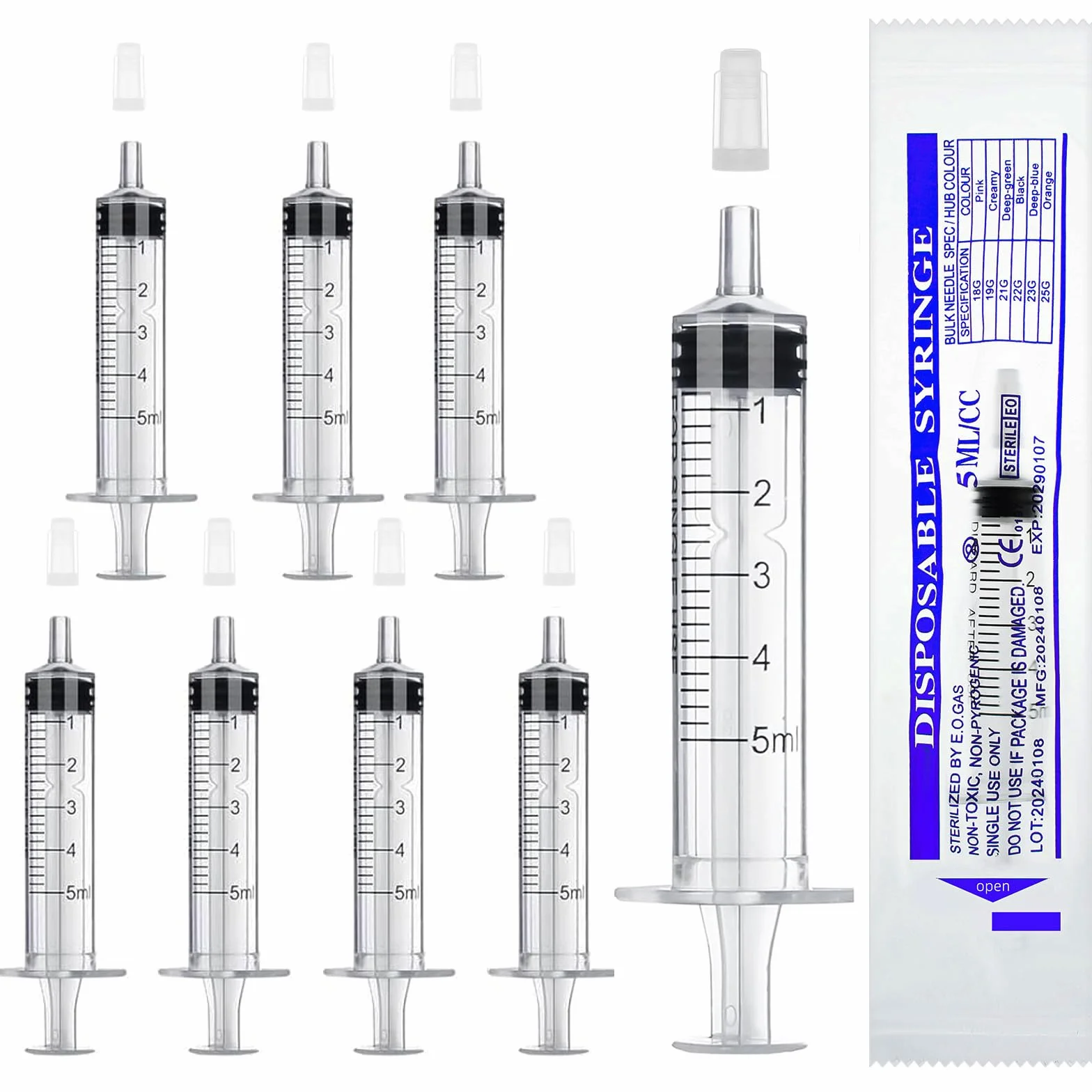 winbest Strzykawki 5ml, 32 sztuki Pakiet indywidualny Plastikowa strzykawka z nakrętką Plastikowa strzykawka bez igły Wielokrotnego użytku Strzykawka do pomiaru i podawania płynów, karmienia zwierząt