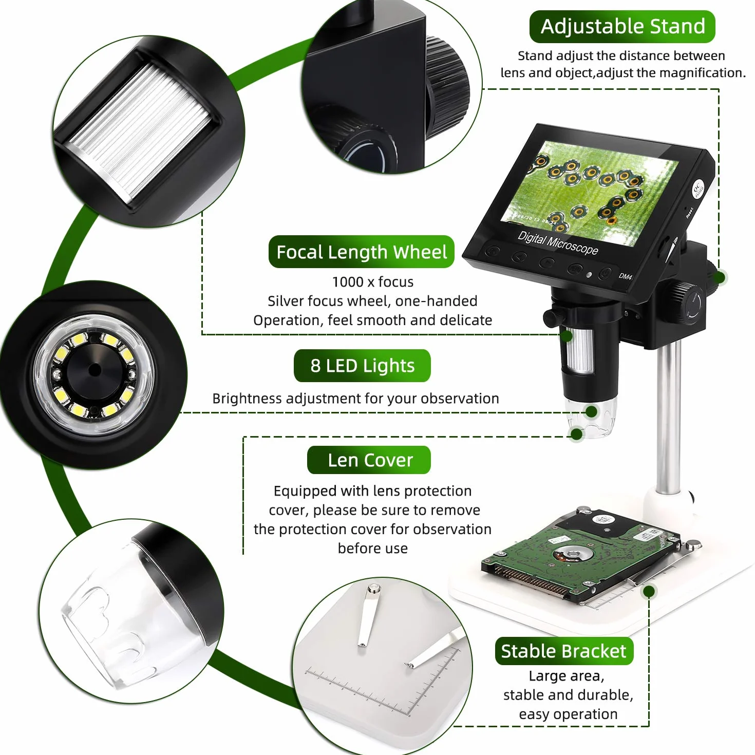 WADEO Mikroskop Elektroniczny z Wyświetlaczem LCD 10,9 cm, 1000-krotne Powiększenie, Lupa Wideo USB z 8 Regulowanymi Diodami LED, Metalowy Statyw dla Hobbystów i Profesjonalistów