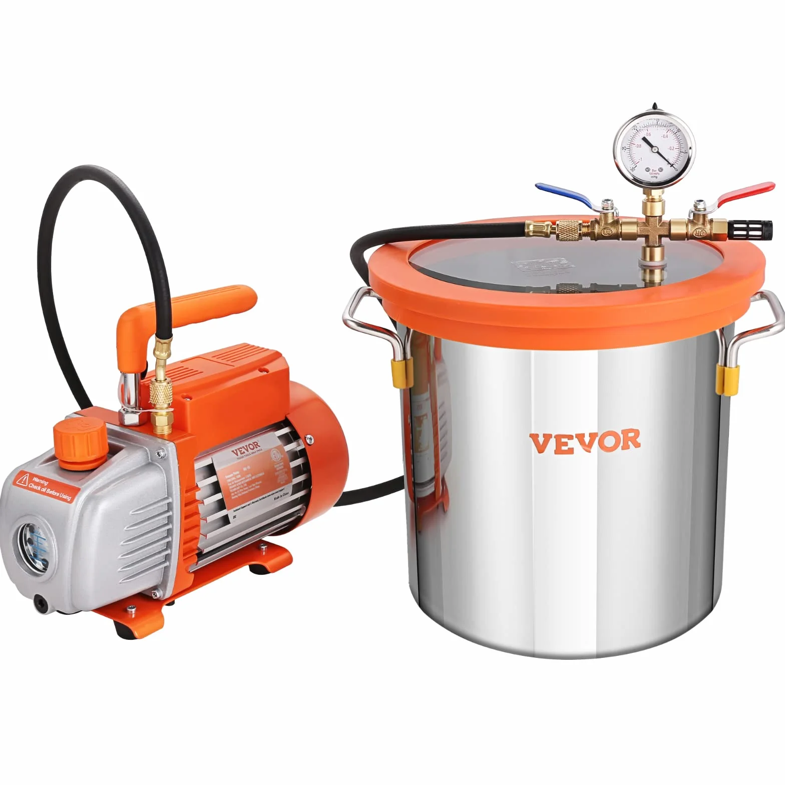 VEVOR Pompa próżniowa 100 l/min z komorą próżniową 3 galony 11 l pokrywa ze szkła hartowanego jednopoziomowa pompa próżniowa z butelką oleju 250 ml do stabilizacji drewna, odgazowywania silikonów