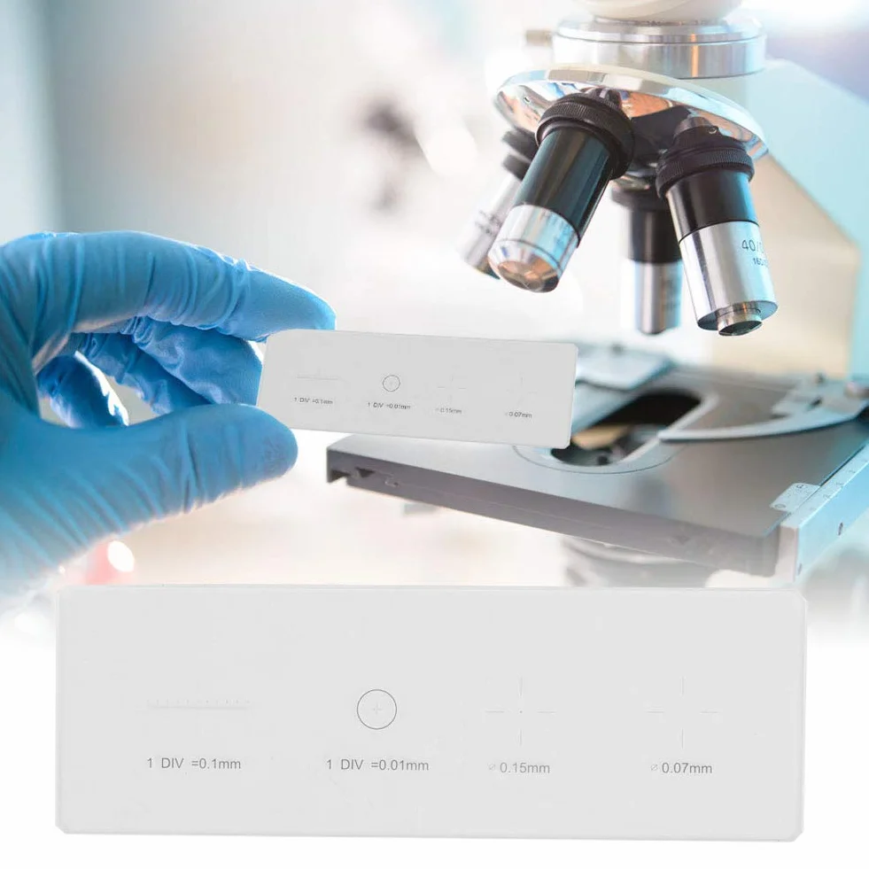Mikrometr mikroskopowy, dane Precyzyjne szkiełko kalibracyjne mikrometru Szkiełko kalibracyjne mikroskopu mikrometrowego, DIV 0,01 mm do laboratorium mikroskopowego