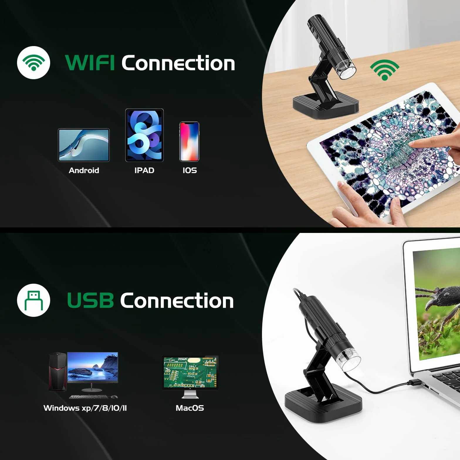 WADEO Mikroskop cyfrowy WADEO WiFi USB, 1080P HD 50-1000X Mikroskop ręczny z 2 kamerami MEGAPIXEL i 8 diodami LED, kompatybilny z iPhone, iPad, Android, Mac, Windows
