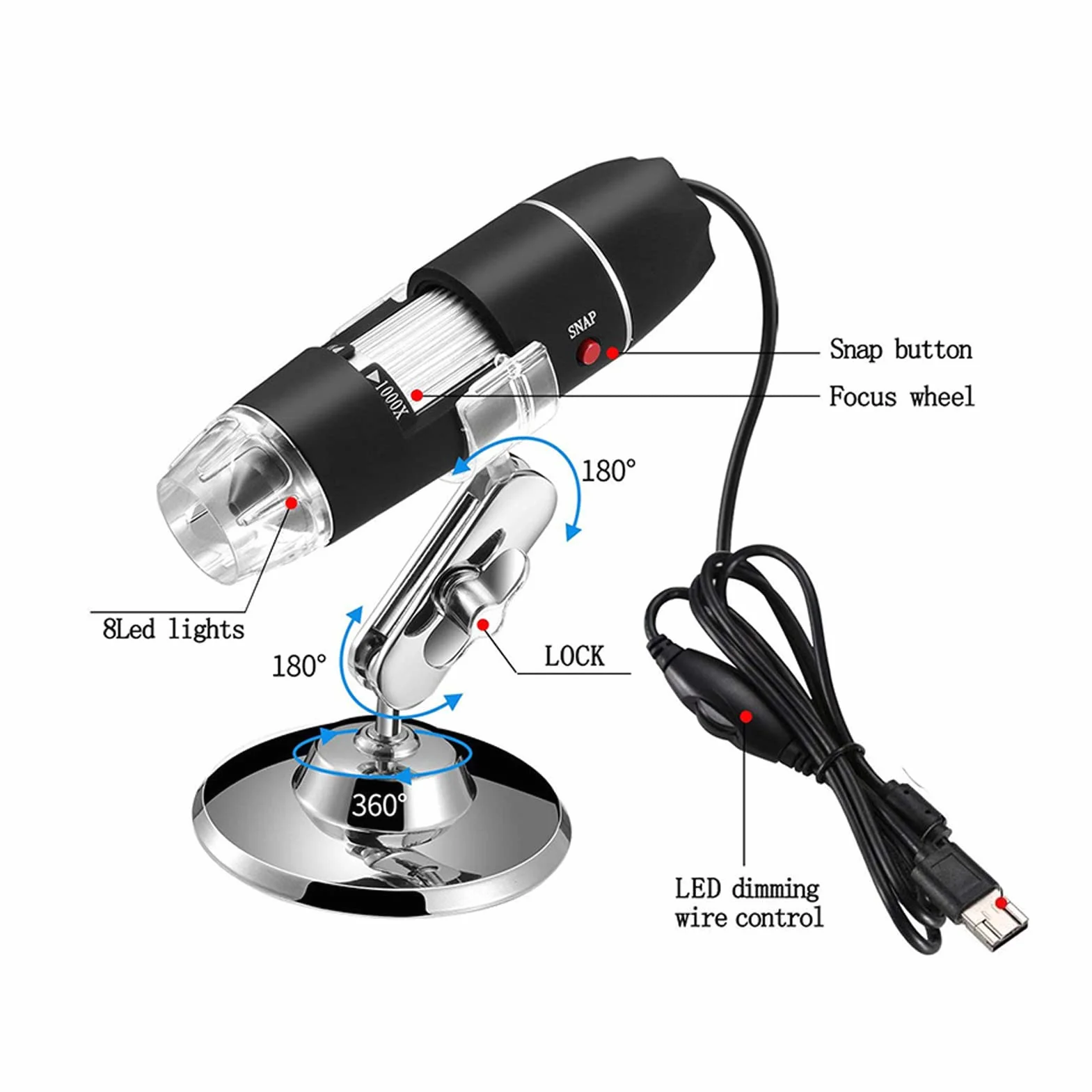 Cyfrowy Mikroskop USB, USB Typu C Micro USB 3 w 1 1600X Powiększenie Endoskop Kamera, 8 LED Regulowany, Cyfrowy Lupa, dla Przemysłowych, Moduł Telekomunikacyjny