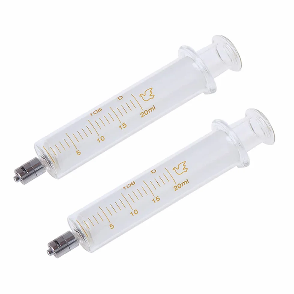 2 sztuki szklanych strzykawek z nakrętkami, 20 ml Luer Lock szklana strzykawka wielokrotnego użytku, metalowy Luer Lock kaliber wtryskiwacz laboratoryjny do laboratorium