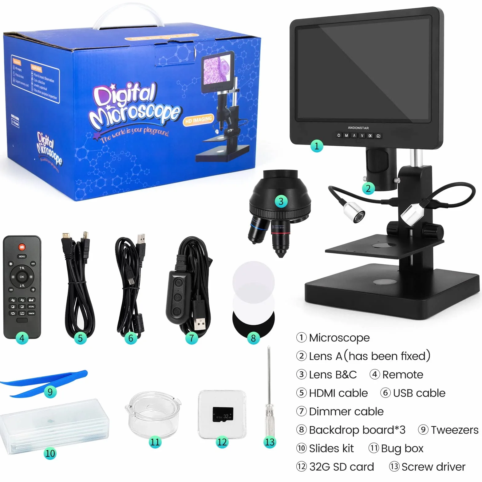 Andonstar AD249S-P Mikroskop cyfrowy HDMI 10,1 cala, obiektyw 4000 x 3 2160P UHD, zestaw mikroskopu biologicznego dla dorosłych, mikroskop monetowy do monet błędów, przygotowane slajdy, karta SD 32 G