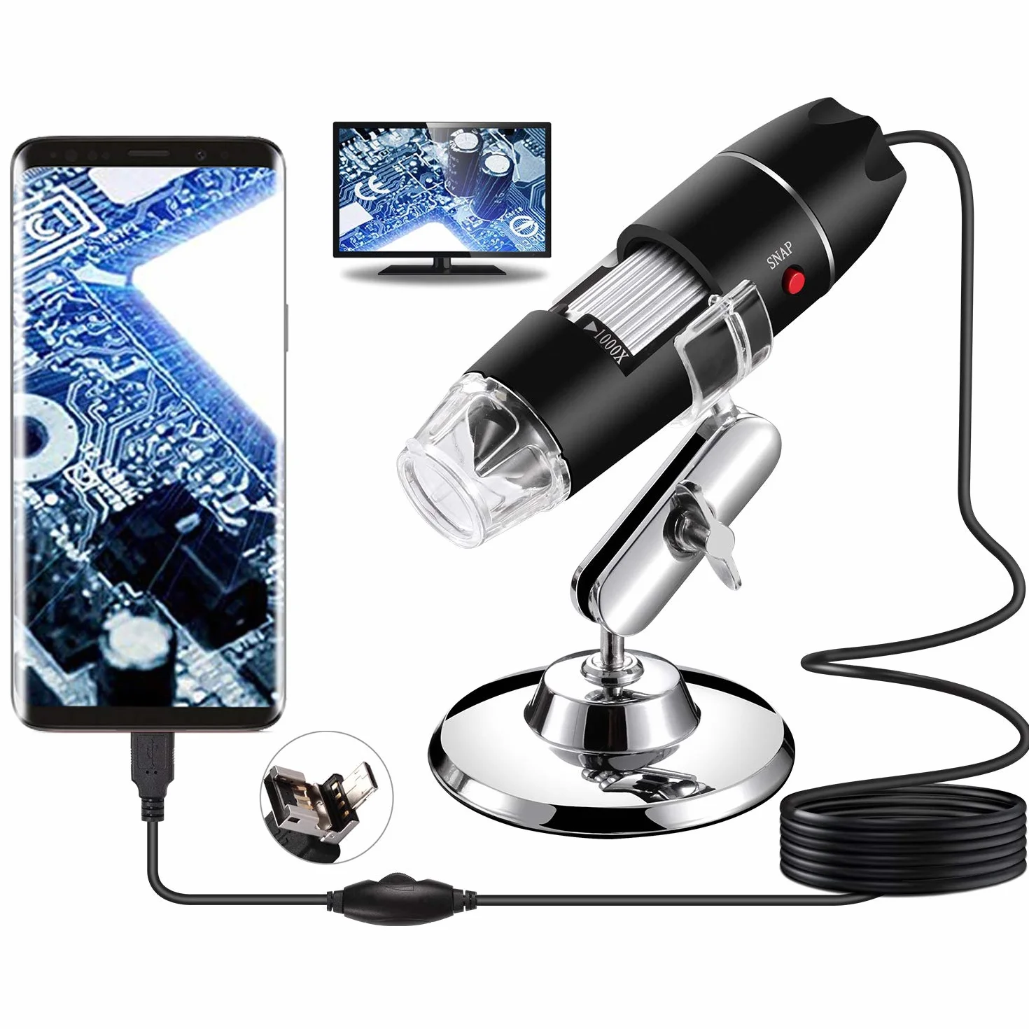 cyfrowy mikroskop USB, ręczny endoskop z powiększeniem 40X-1000X, 8 LED mini kamera wideo do Windows 7/8/10 Mac Linux Android (z OTG)