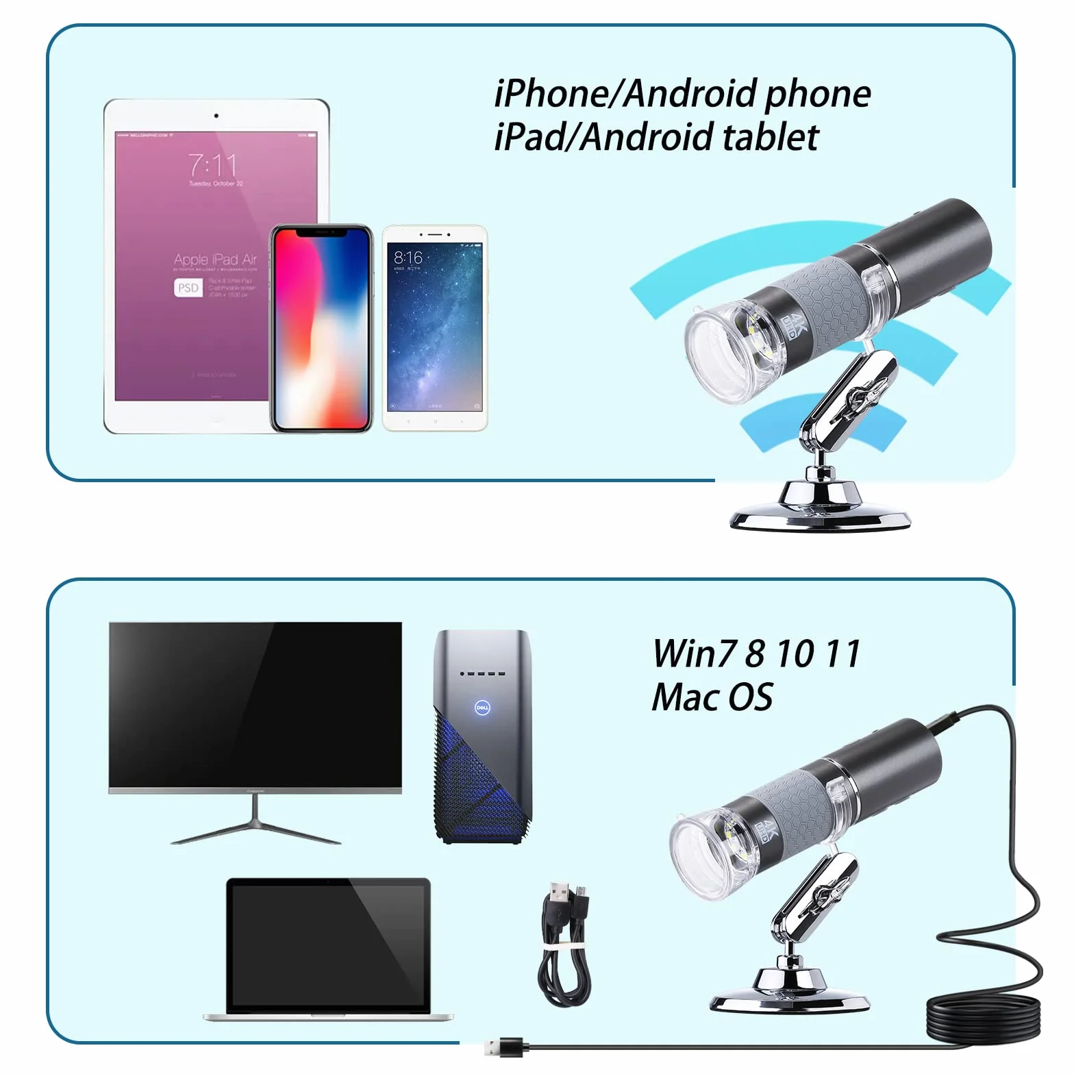 HD 4K 3840 x 2160P WiFi Cyfrowy Mikroskop do iPhone, Android, Windows i Mac - Bezprzewodowy, Przenośny z Podstawką dla Dorosłych i Dzieci