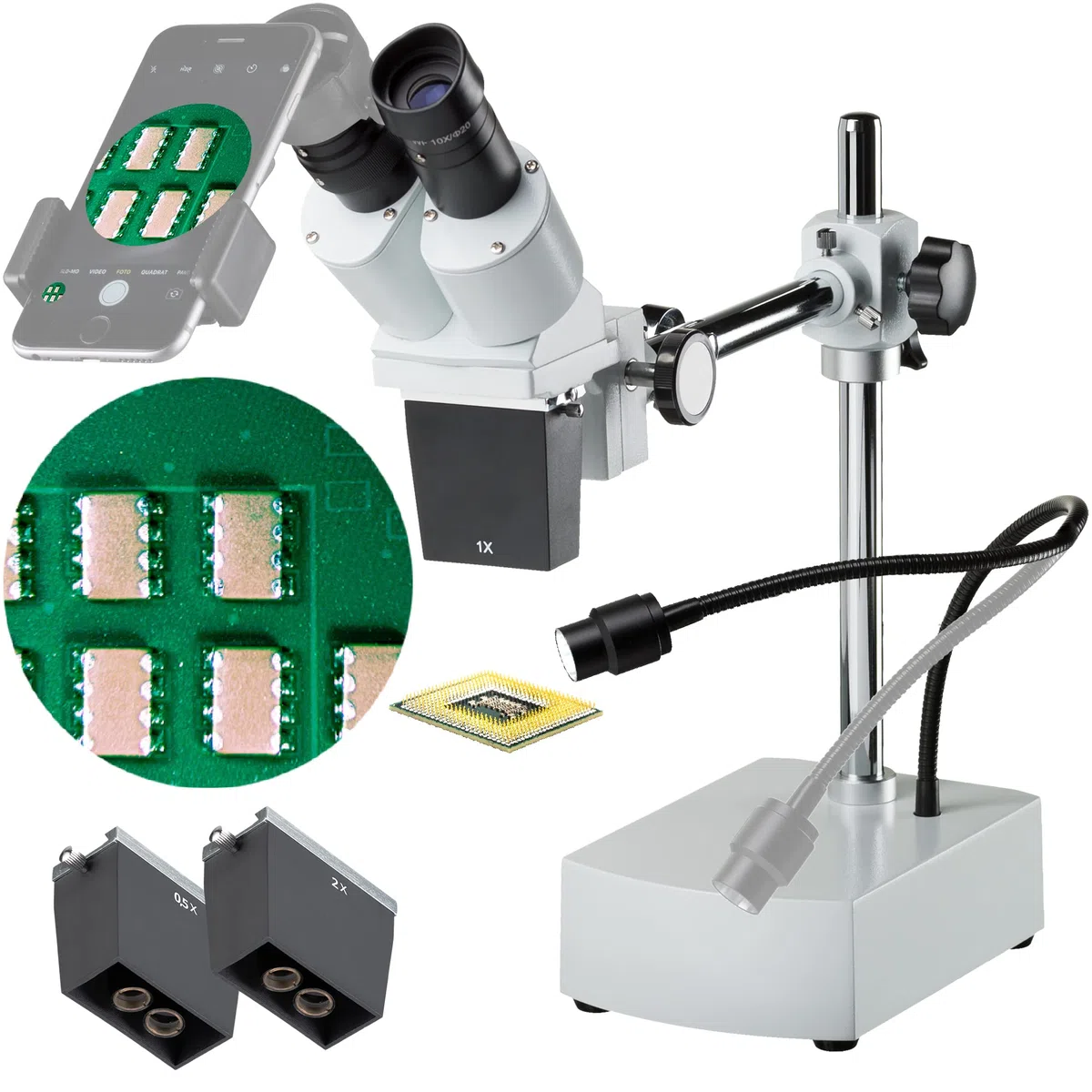 Bresser Mikroskop Biorit ICD-CS 5x-20x podświetlany mikroskop stereo z 3 wymiennymi obiektywami, LED i odległość robocza 230 mm, biały
