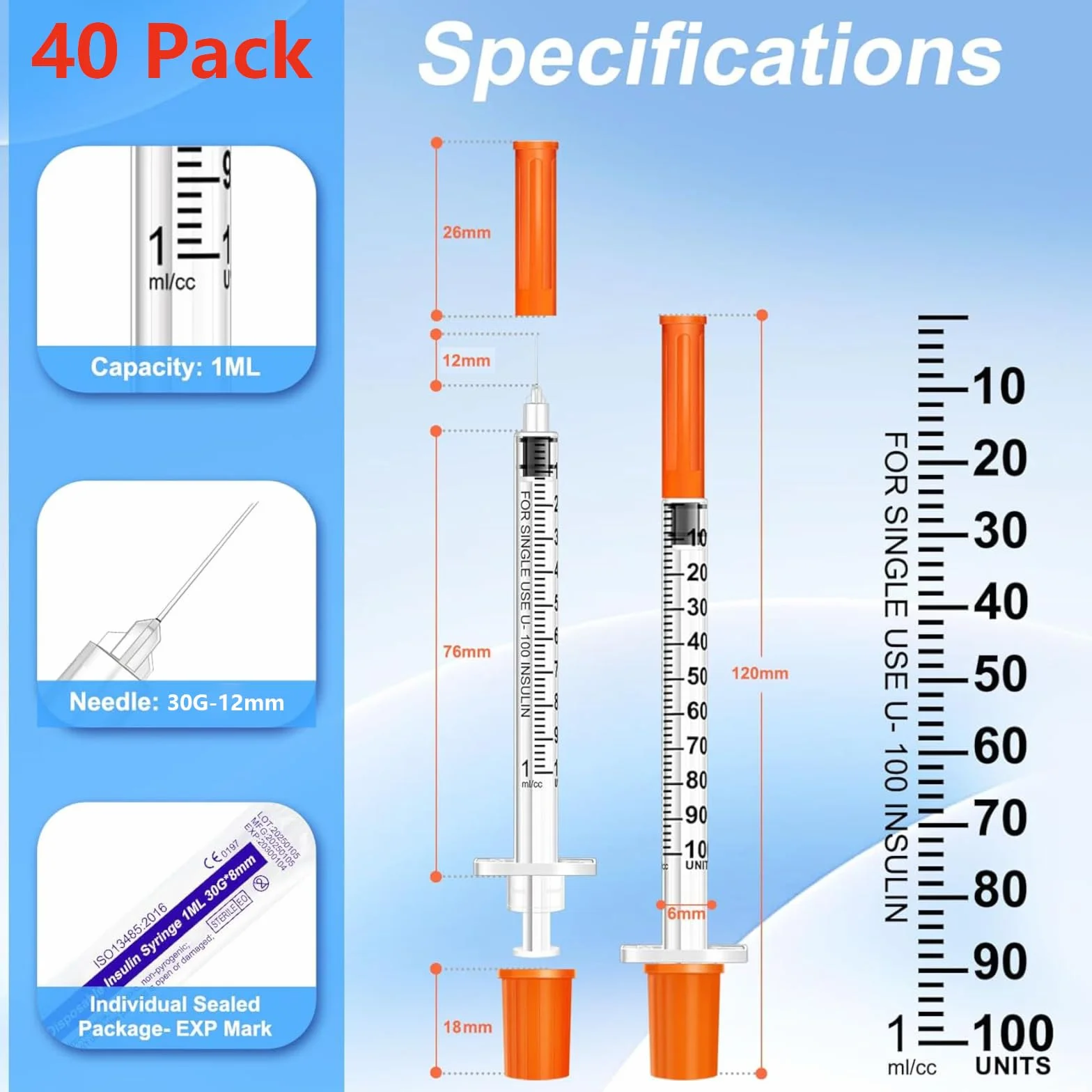40 1 ml/cc 0,3 x 8 mm Wielofunkcyjne plastikowe strzykawki, plastikowe uniwersalne narzędzia pomiarowe, pojedyncze opakowanie, wyraźne oznaczenie skali, łatwe w użyciu i czyszczeniu