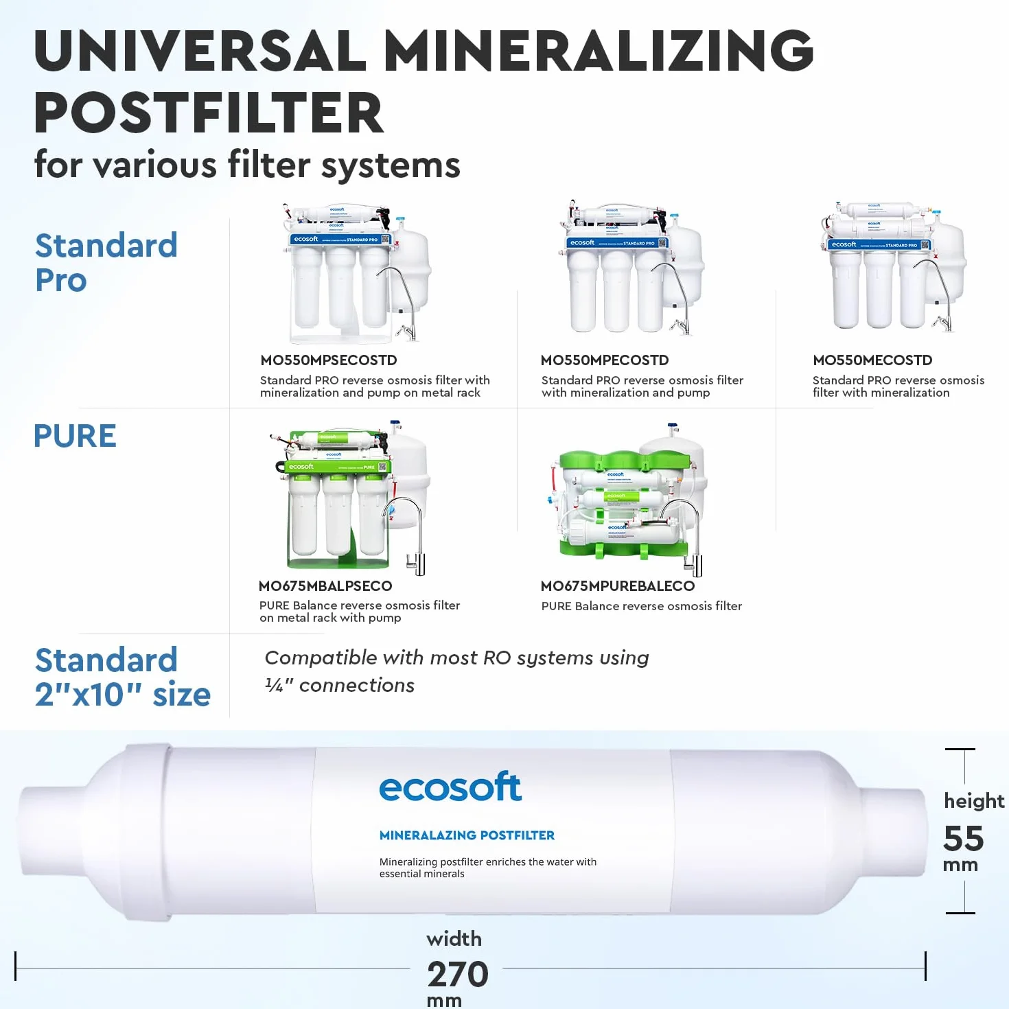 Ecosoft - Filtr mineralizacyjny - Wzbogaca wodę o niezbędne minerały - Kompatybilny z systemami odwróconej osmozy - Łatwa instalacja pod zlewem