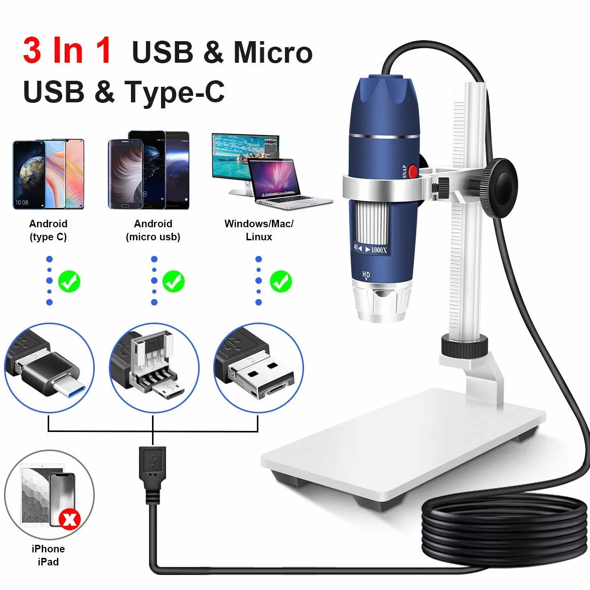 Jiusion HD 2MP USB mikroskop cyfrowy 40-1000X przenośna kamera endoskopowa z 8 diodami LED stabilny stojak ze stopu aluminium do OTG Android Mac Windows 7 8 10 11 Linux