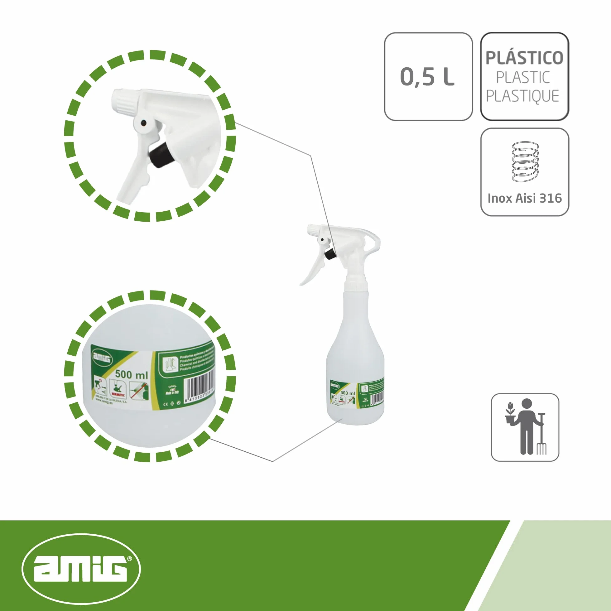 Amig Butelka z rozpylaczem do produktów chemicznych, 0,5 l, całkowicie szczelna, z obrotową głowicą i piórami ze stali nierdzewnej Aisi 316, biała 0