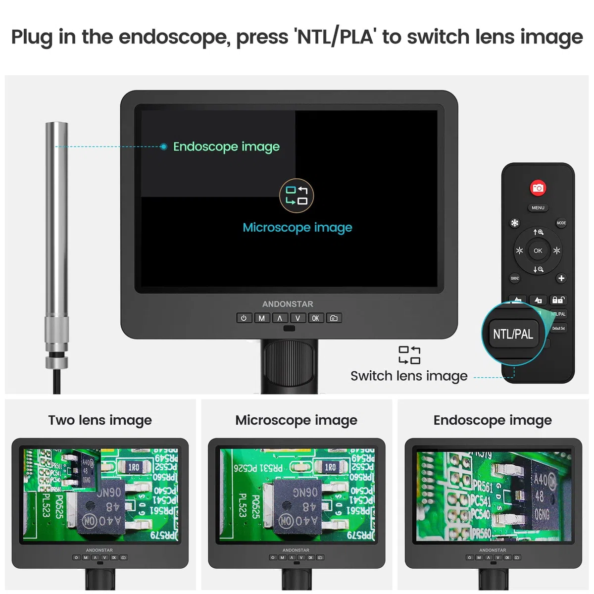 Andonstar AD249S-M 3-obiektywowy mikroskop cyfrowy HDMI z endoskopem, nagrywanie wideo 2160P UHD, wyświetlacz LCD 10,1 cala, mikroskop biologiczny do lutowania i monet, kompatybilny z systemem Windows
