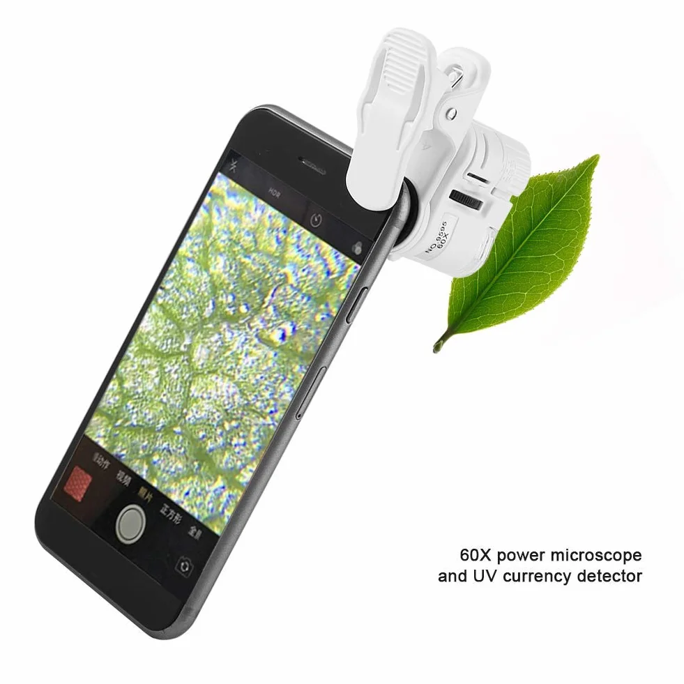 Mikroskop na telefon komórkowy z klipsem, światło UV, mini klips do telefonu komórkowego 9595 W, 60 x mini mikroskop do wykrywania walut, biżuterii i oceny antyków