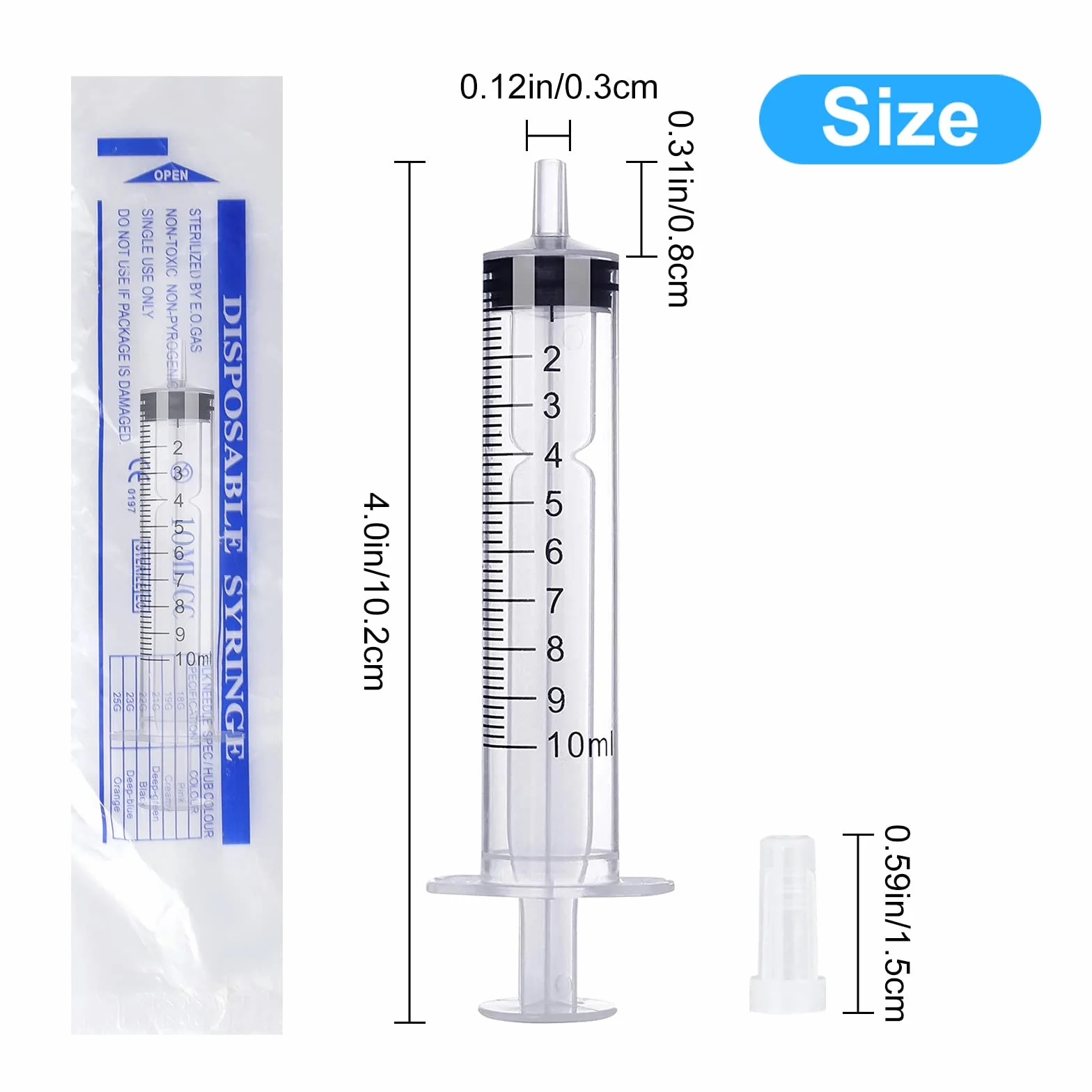 Strzykawki 10 ml, tworzywo sztuczne, z pokrywką, do płynu, sterylne strzykawki bez igły, do laboratorium naukowego, pomiaru i wydawania karmienia zwierząt, nawadniania roślin