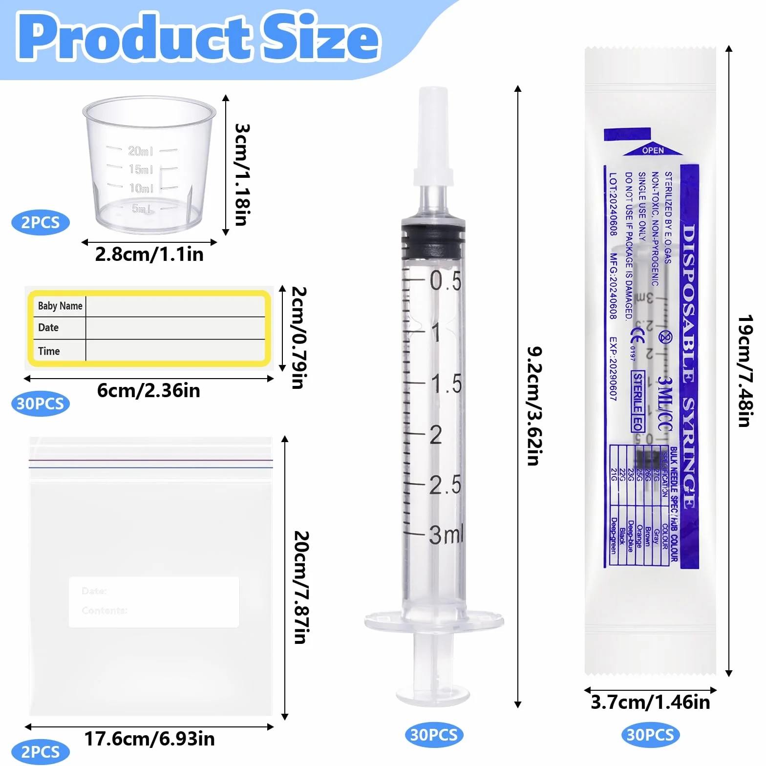 30 sztuk strzykawek 3 ml z nasadkami, strzykawka z siarą bez igły, miarka 20 ml, 30 naklejek i 2 zalakowane worki, do napełniania i pomiaru płynów, laboratoriów, nawadniania roślin