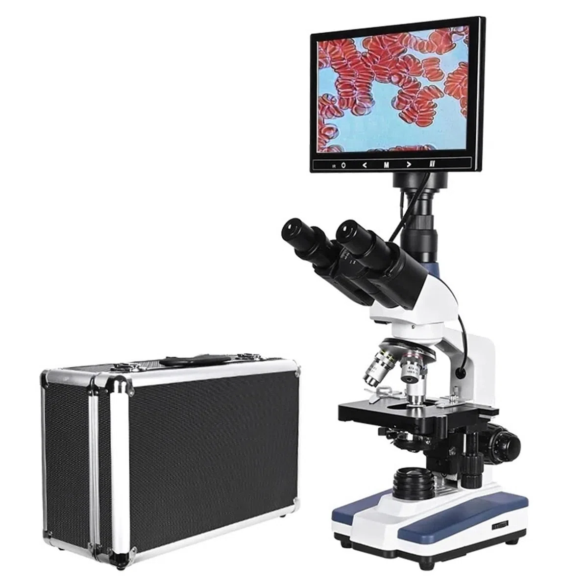 Mikroskop Stereoskopowy, Profesjonalny 5MP cyfrowy trójokularowy mikroskop laboratoryjny biologiczny HD USB LED + okular elektroniczny + 9-calowy wyświetlacz LCD
