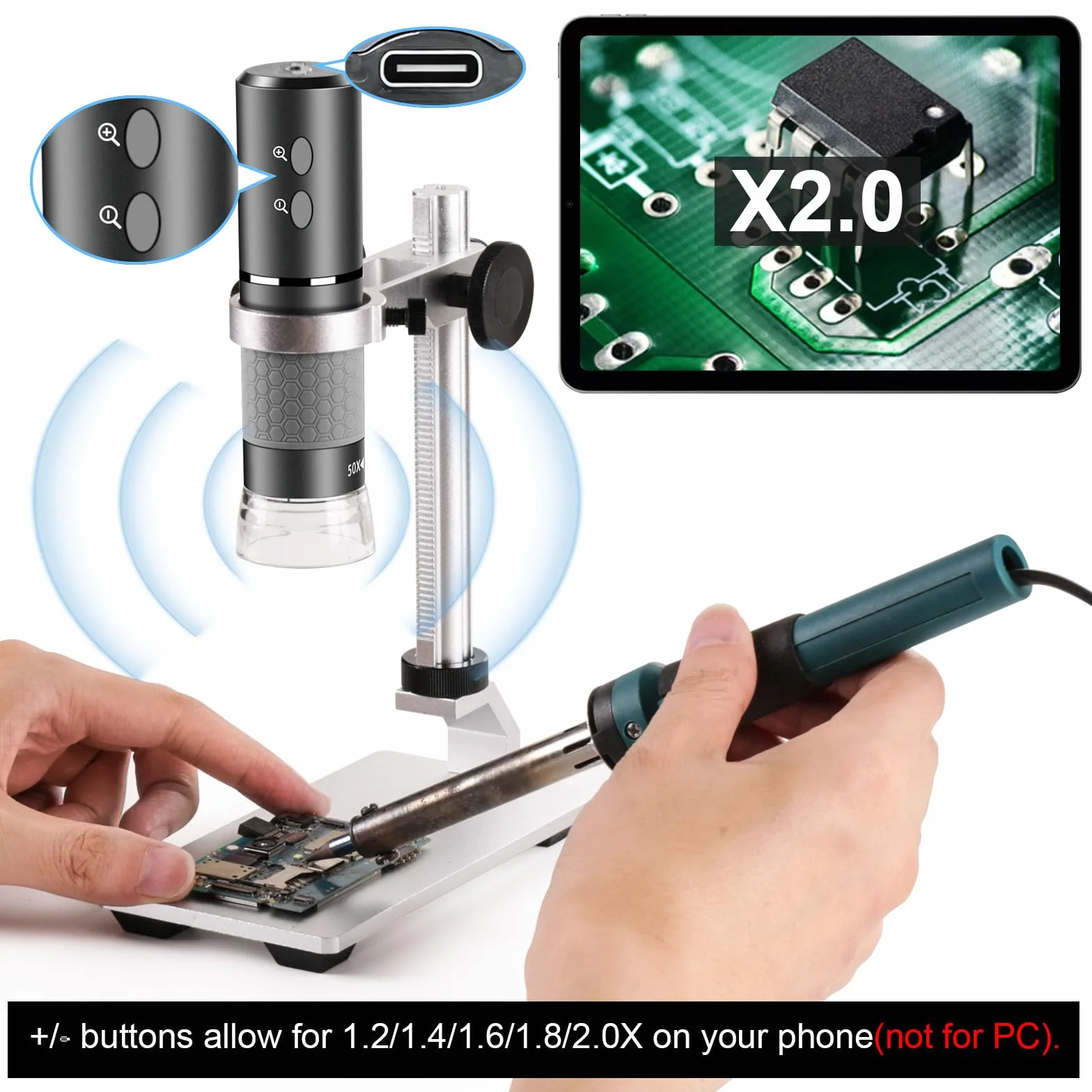 Mikroskop 4K WiFi z profesjonalnym stojakiem, cyfrowy mikroskop USB z kamerą HD 50-1000X Kompatybilny z iPhone, iPad, Android telefonem tabletem, Windows Mac Chrome Linuxem