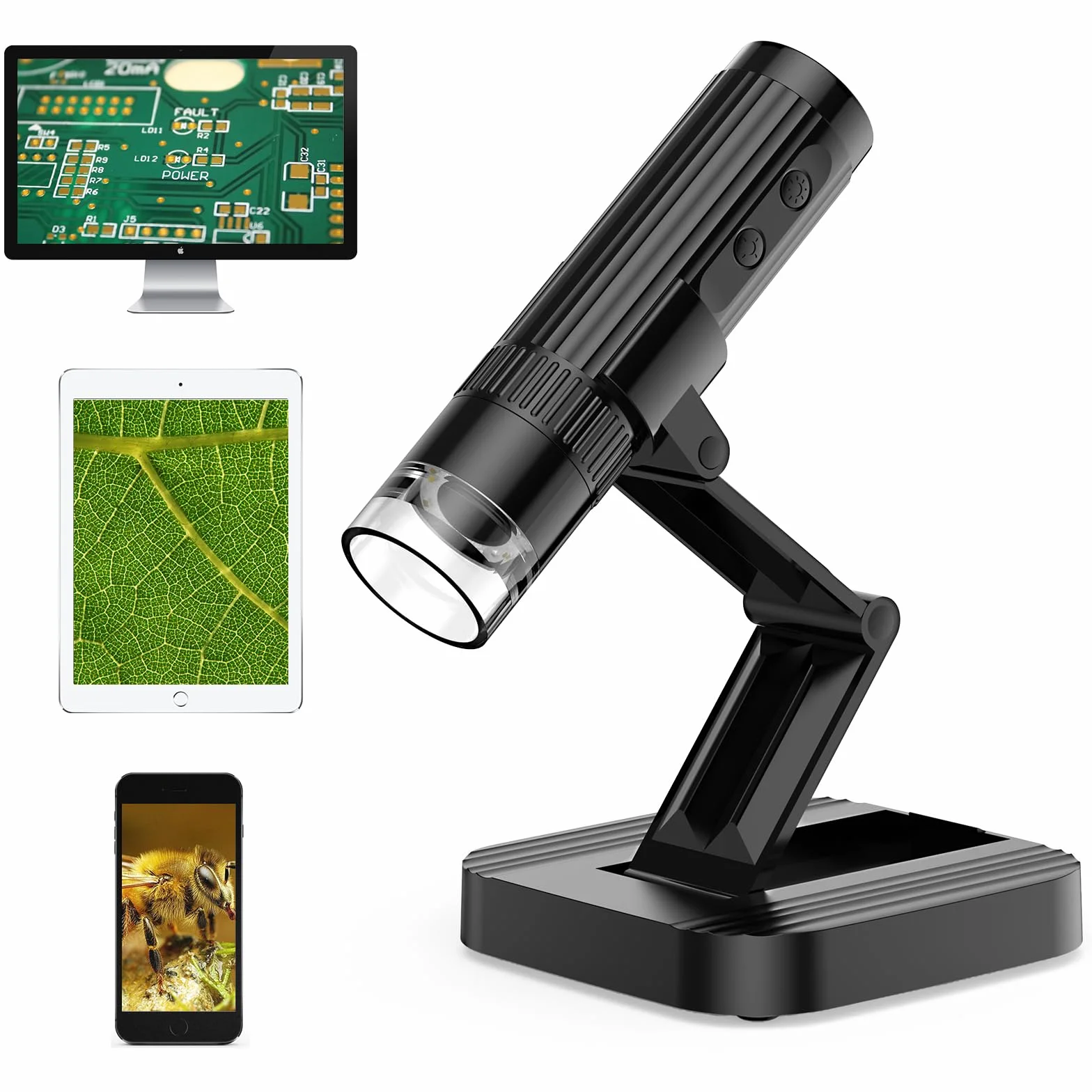 WADEO Mikroskop cyfrowy WADEO WiFi USB, 1080P HD 50-1000X Mikroskop ręczny z 2 kamerami MEGAPIXEL i 8 diodami LED, kompatybilny z iPhone, iPad, Android, Mac, Windows