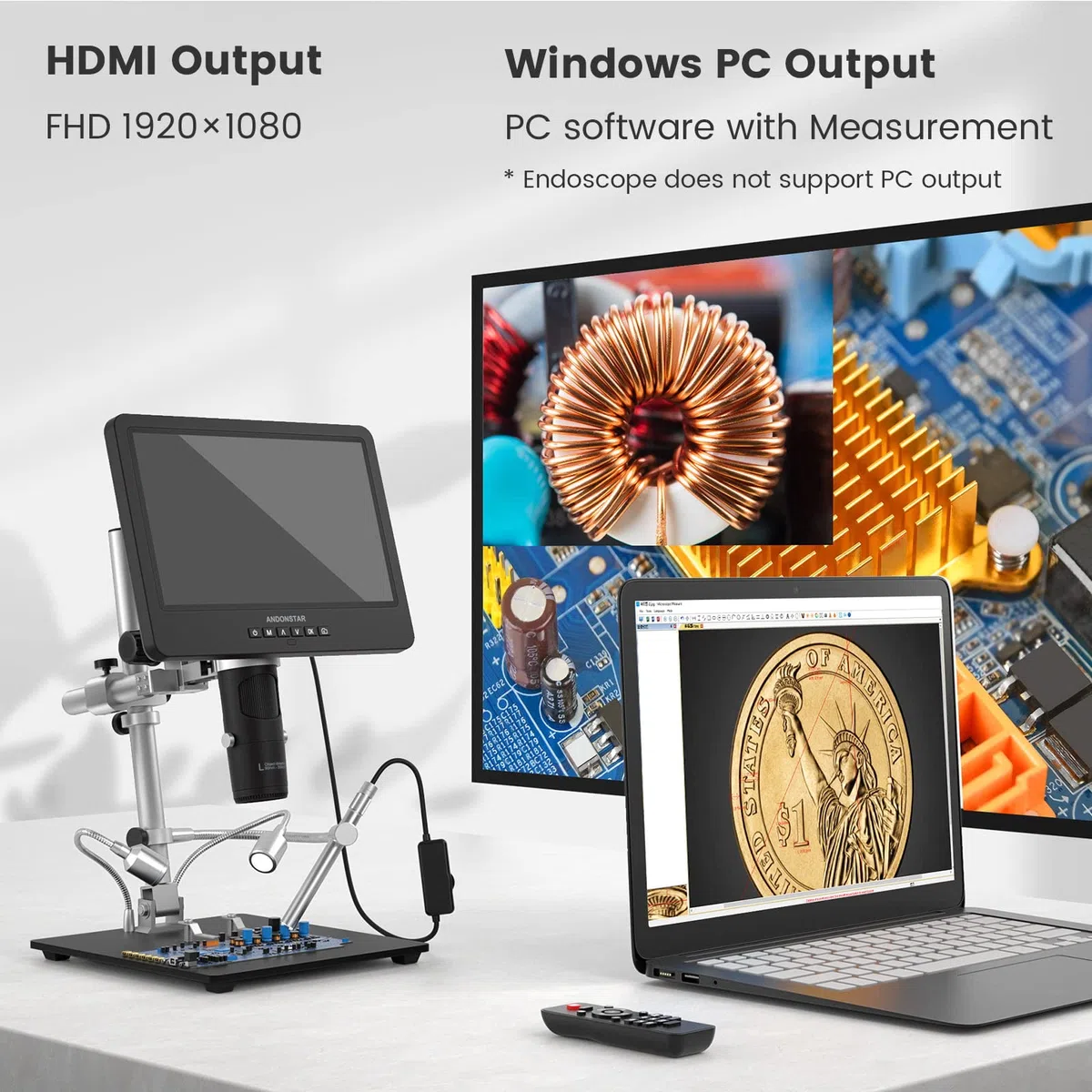 Andonstar AD249S-M 3-obiektywowy mikroskop cyfrowy HDMI z endoskopem, nagrywanie wideo 2160P UHD, wyświetlacz LCD 10,1 cala, mikroskop biologiczny do lutowania i monet, kompatybilny z systemem Windows