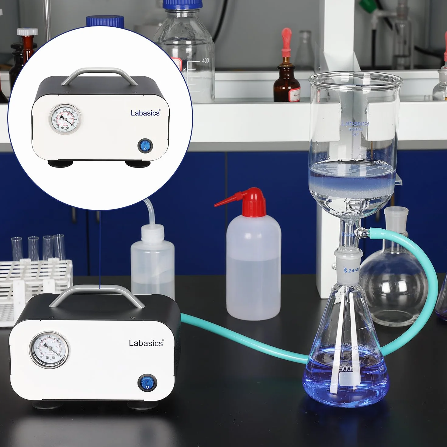 Labasics Membranowa pompa próżniowa, bezolejowa przenośna pompa ciśnieniowa z wydajnością 10 L/min do prac laboratoryjnych z filtracją próżniową i destylacja, 110-220V