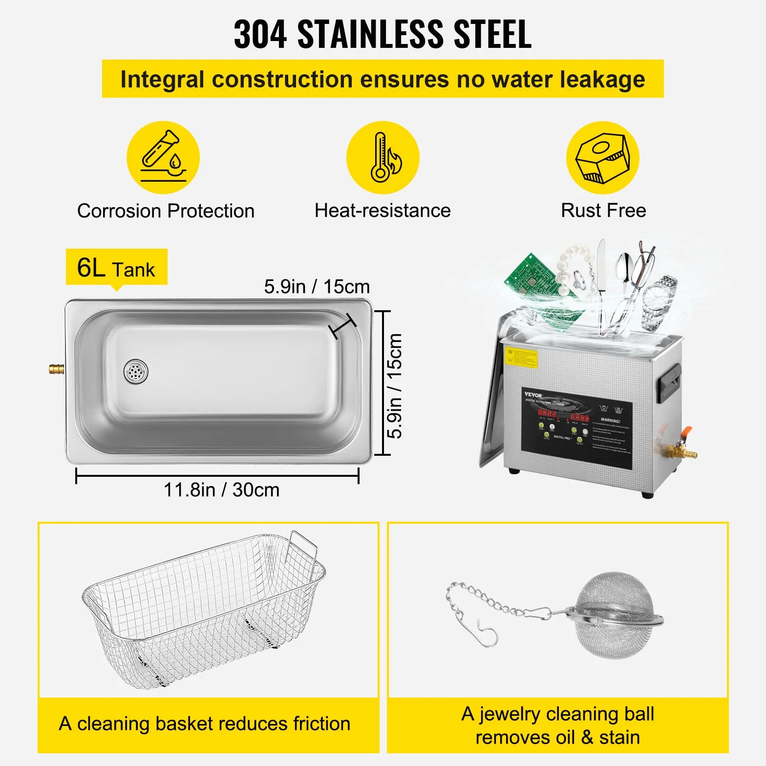 VEVOR Ulepszony środek czyszczący ultradźwiękowy 6 l (grzejnik ultradźwiękowy 200 W 180 W) Cyfrowy laboratoryjny ultradźwiękowy odkurzacz części z zegarem do czyszczenia narzędzi jubilerskich