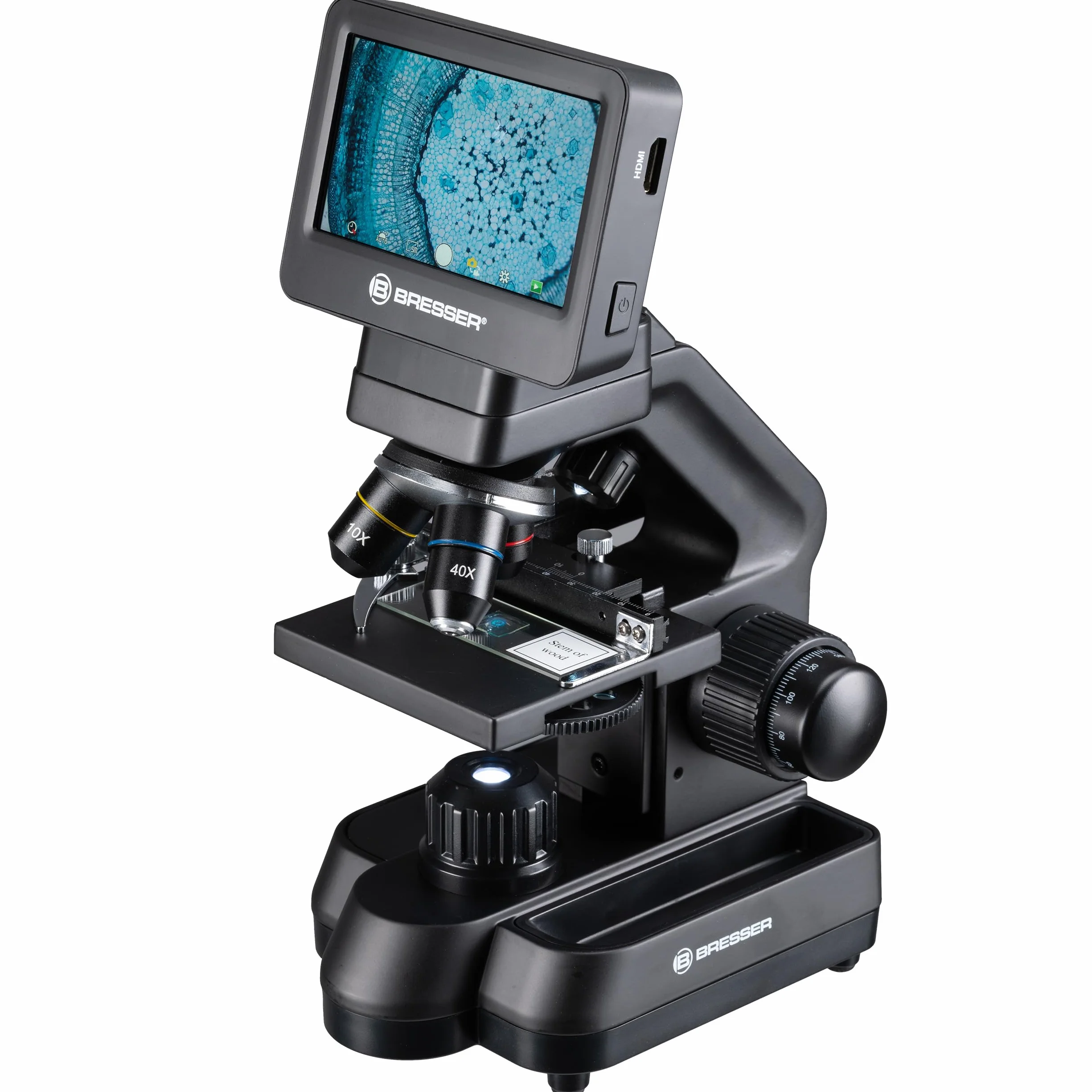 Bresser Mikroskop Biolux Touch 5 MP LCD mikroskop do szkoły i hobby z mechanicznym stołem krzyżowym, HDMI, USB, złączem SD