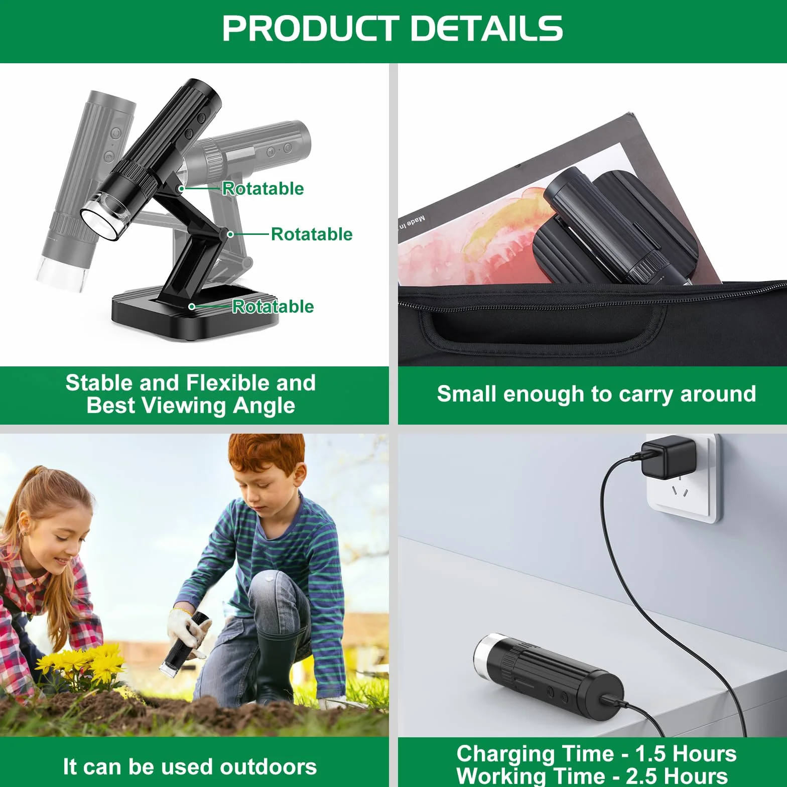 WADEO Mikroskop cyfrowy WADEO WiFi USB, 1080P HD 50-1000X Mikroskop ręczny z 2 kamerami MEGAPIXEL i 8 diodami LED, kompatybilny z iPhone, iPad, Android, Mac, Windows