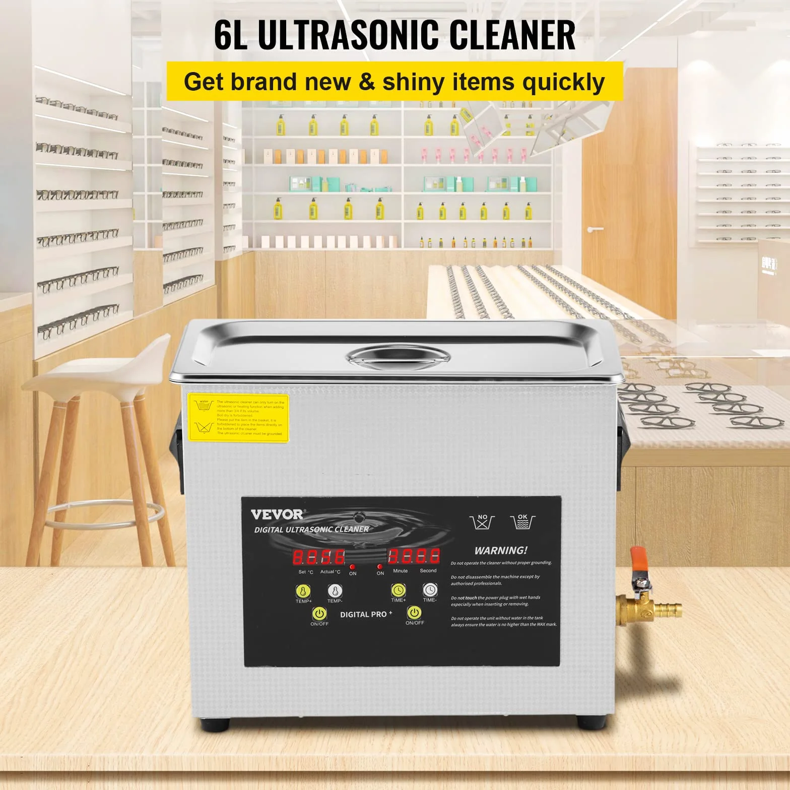 VEVOR Ulepszony środek czyszczący ultradźwiękowy 6 l (grzejnik ultradźwiękowy 200 W 180 W) Cyfrowy laboratoryjny ultradźwiękowy odkurzacz części z zegarem do czyszczenia narzędzi jubilerskich