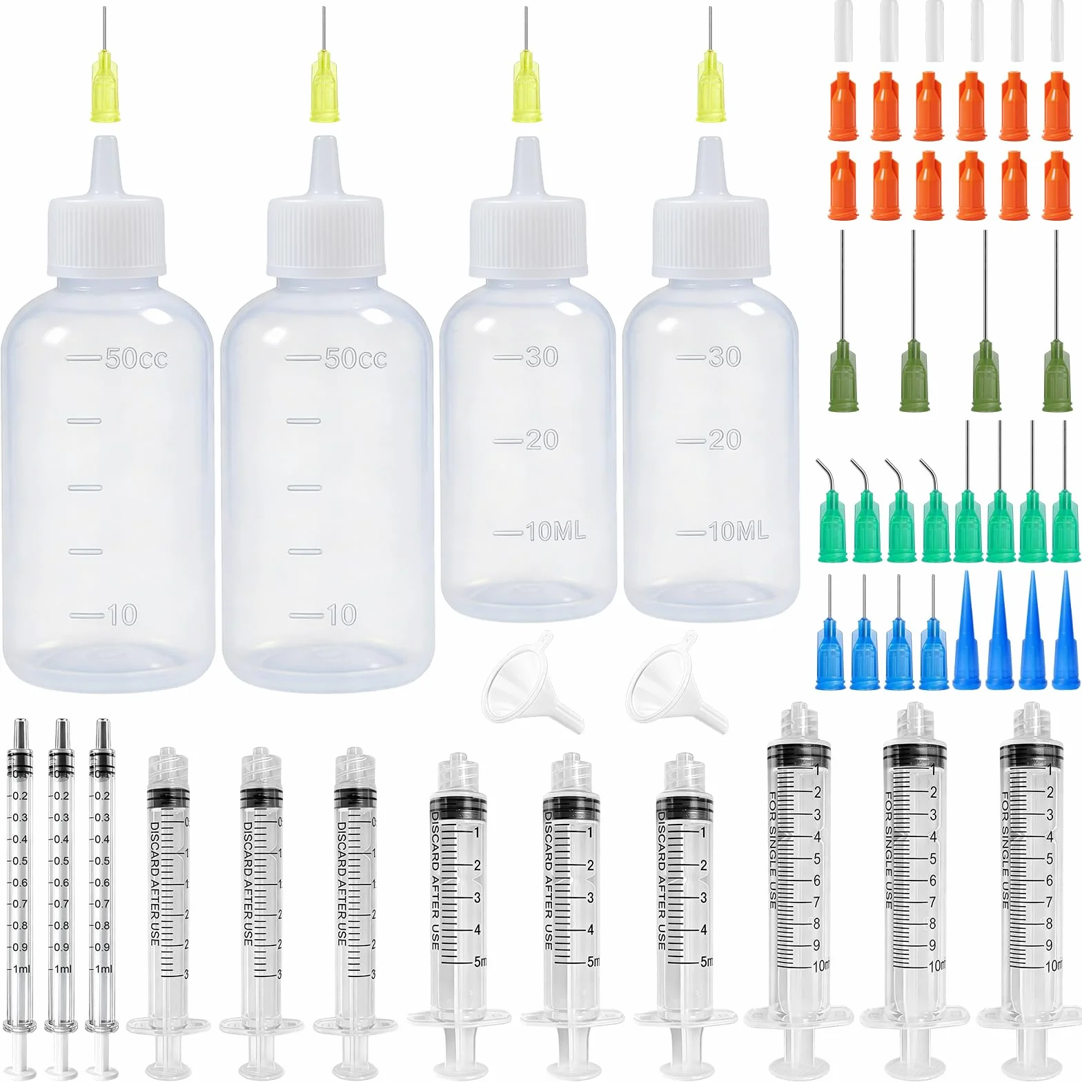 4 butelki z igłami 30/50 ml, zestaw strzykawek 1/3/5/10 ml, precyzyjny aplikator z 20 tępymi końcówkami, 18 nasadek, końcówki igieł, butelka dozująca do majsterkowania, farba, klej