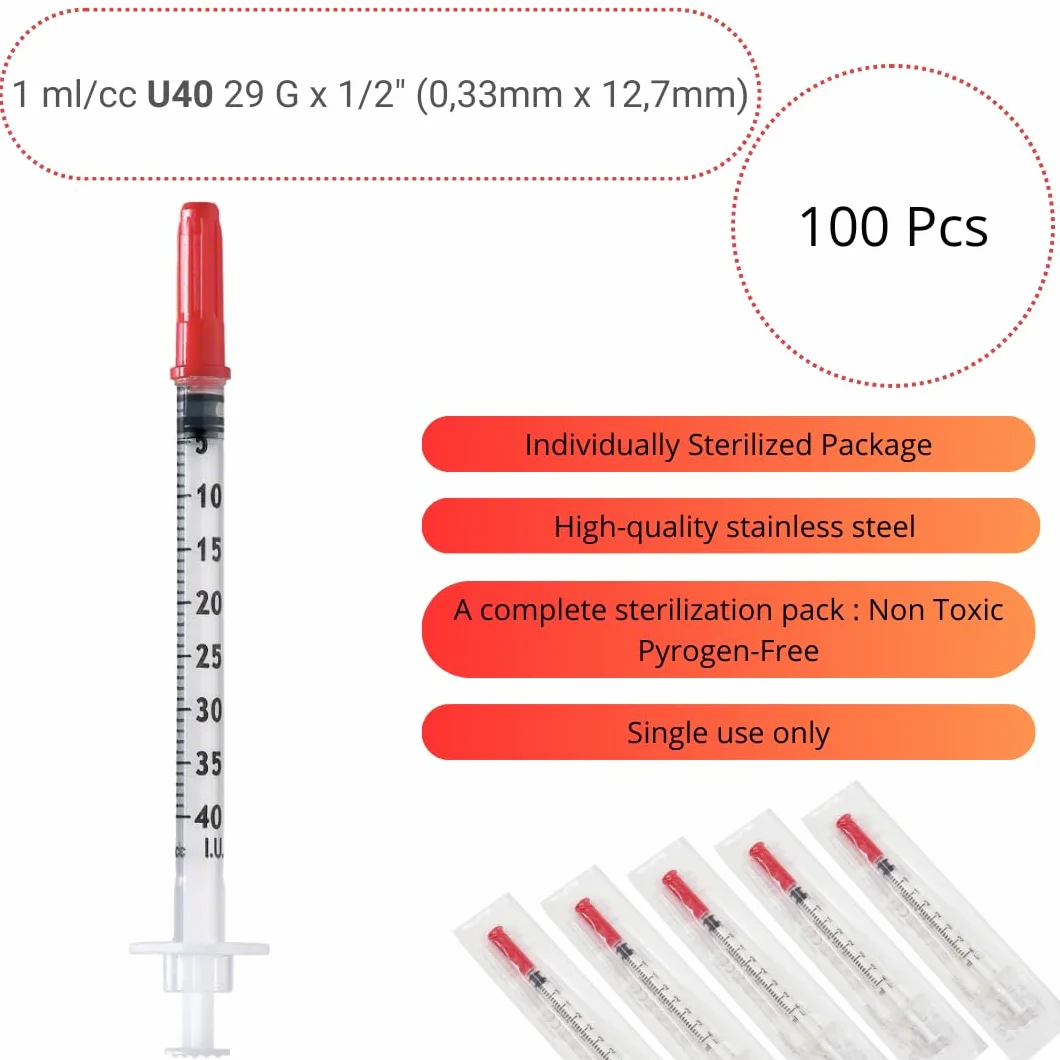 100 sztuk 1 ml/cc U40 plastikowa tubka 29 G (0,33 x 12,7 mm), uniwersalne narzędzia pomiarowe, pakowane pojedynczo (29 g 1/2")