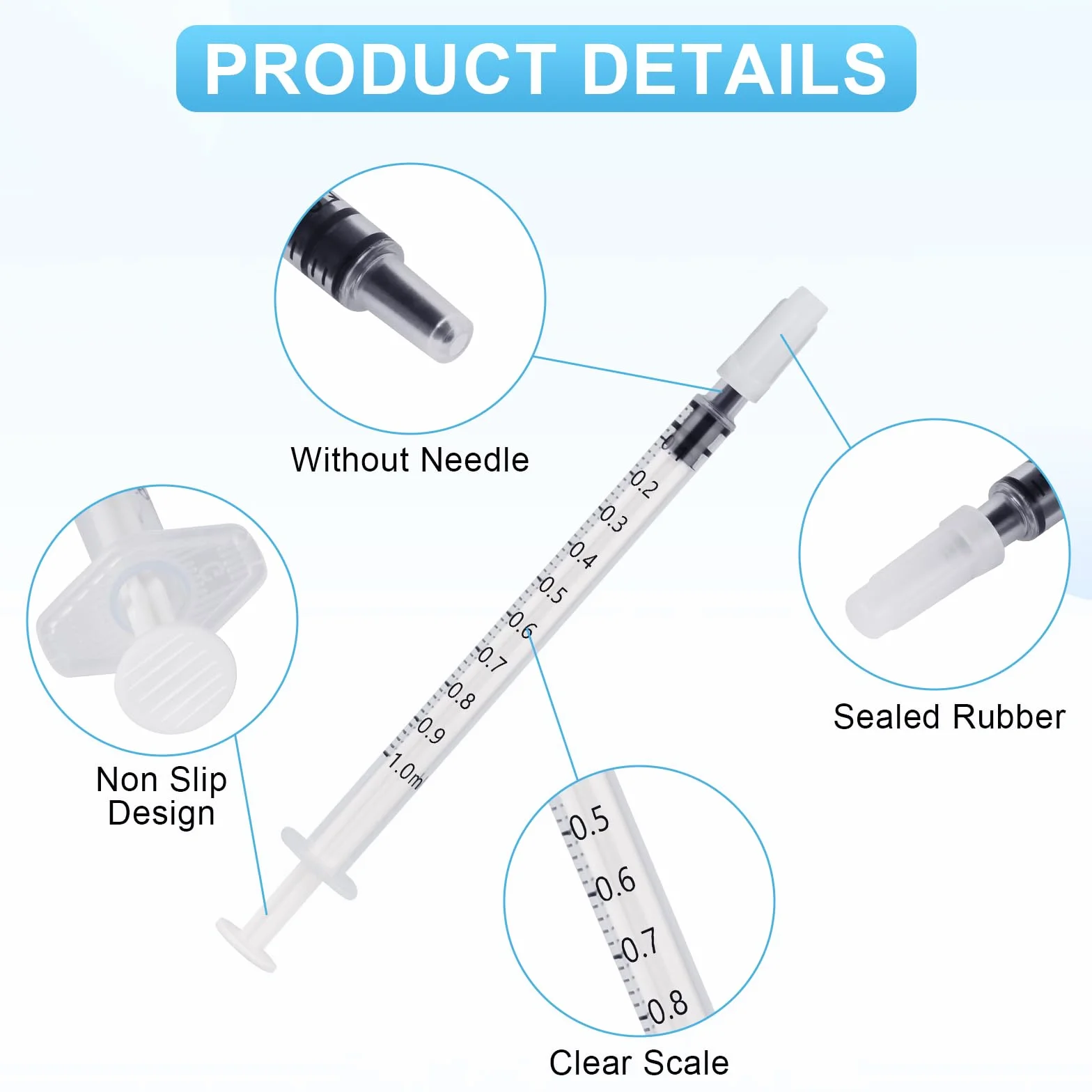 60 sztuk strzykawek 1 ml, strzykawka z siarą z nasadką, plastikowa strzykawka, strzykawka dozująca, 1 ml, do pomiaru płynów, eksperymentów, karmienia zwierząt domowych (bez igły)