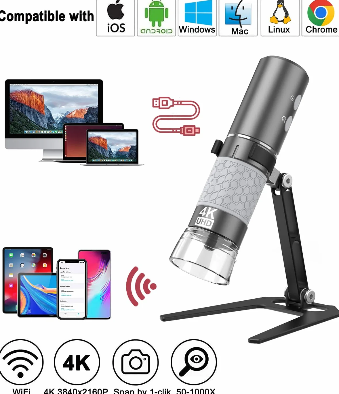 Jiusion Cyfrowy mikroskop ręczny WiFi USB, bezprzewodowe powiększenie od 50 do 1000x Endoskop 4K 3840x2160P Kamera 8 diod LED Kompatybilny z iPhone iPad Android Mac Windows Linux Chrome