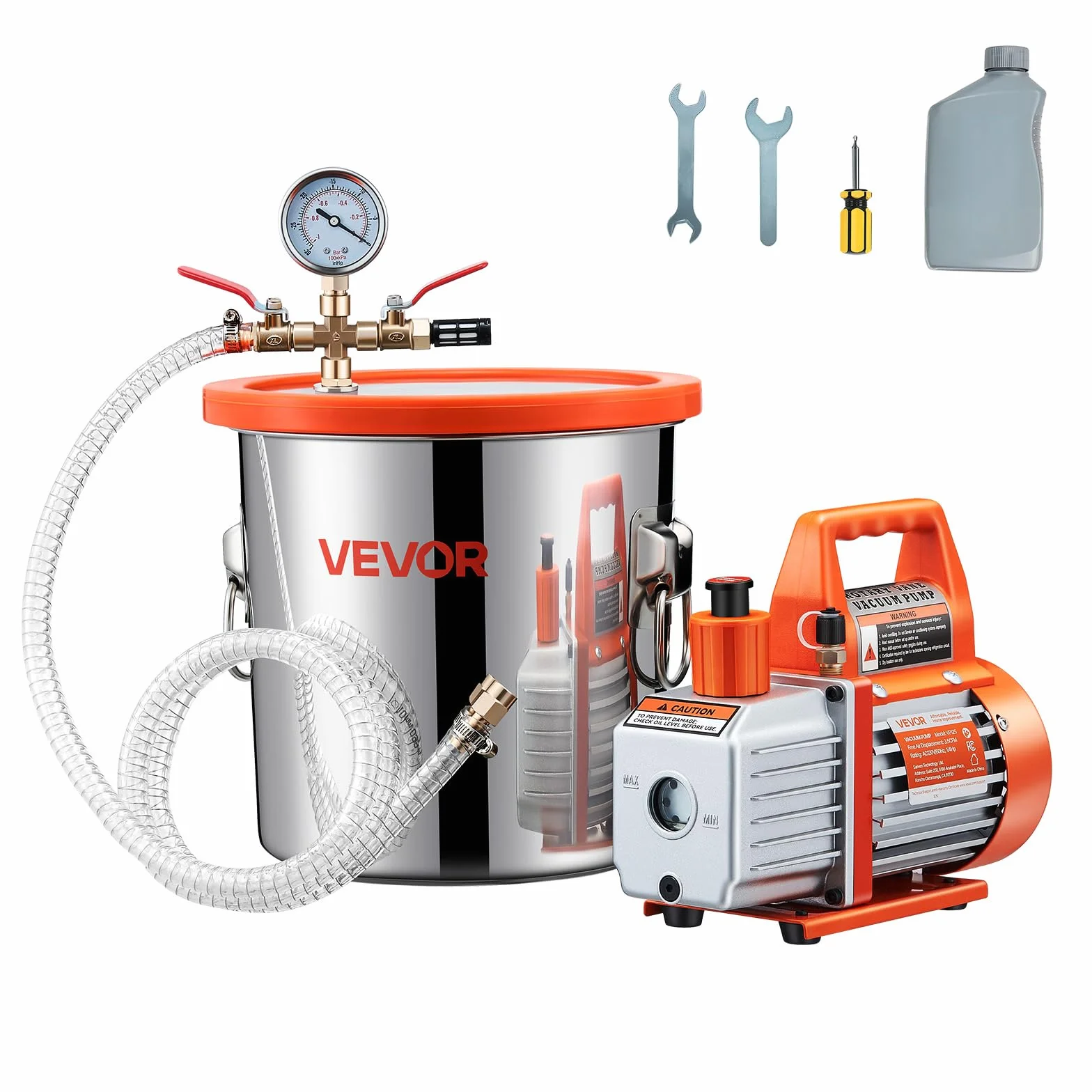 VEVOR Zestaw pompy próżniowej 110 l/min, zestaw komory odgazowującej 11,36 l, jednostopniowa pompa próżniowa, pokrywa ze szkła hartowanego, rura 1,5 m, do stabilizacji żywicy silikonowej do