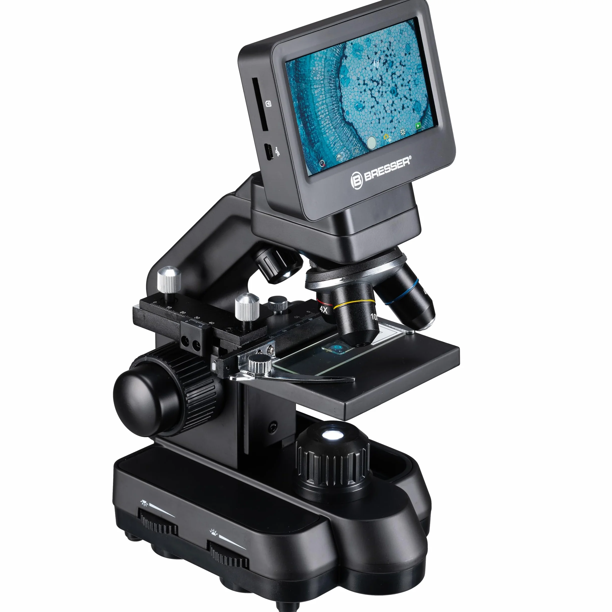 Bresser Mikroskop Biolux Touch 5 MP LCD mikroskop do szkoły i hobby z mechanicznym stołem krzyżowym, HDMI, USB, złączem SD