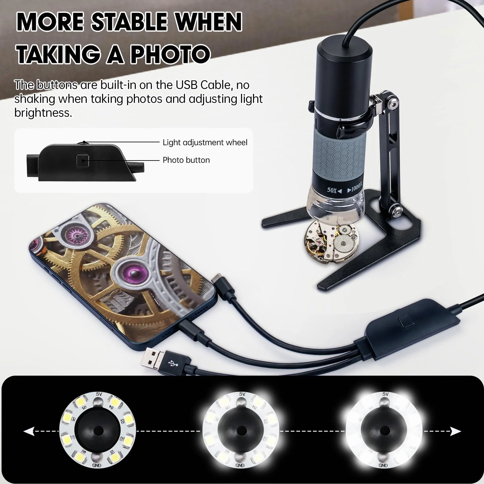 Mikroskop USB 1080P z metalowym stojakiem, ręczny mikroskop cyfrowy 50X-1000X, kompatybilny z iPhone/Android/Windows/Mac