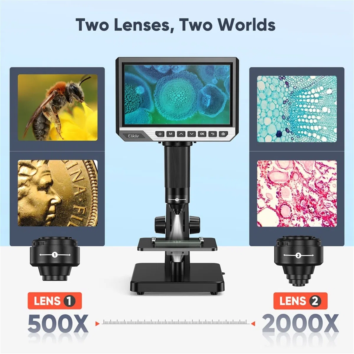 Mikroskop, Mikroskop cyfrowy 2000X 7 "IPS 12MP 1080P laboratoryjny mikroskop biologiczny kamera podwójny obiektyw z pilotem(32GB RC)
