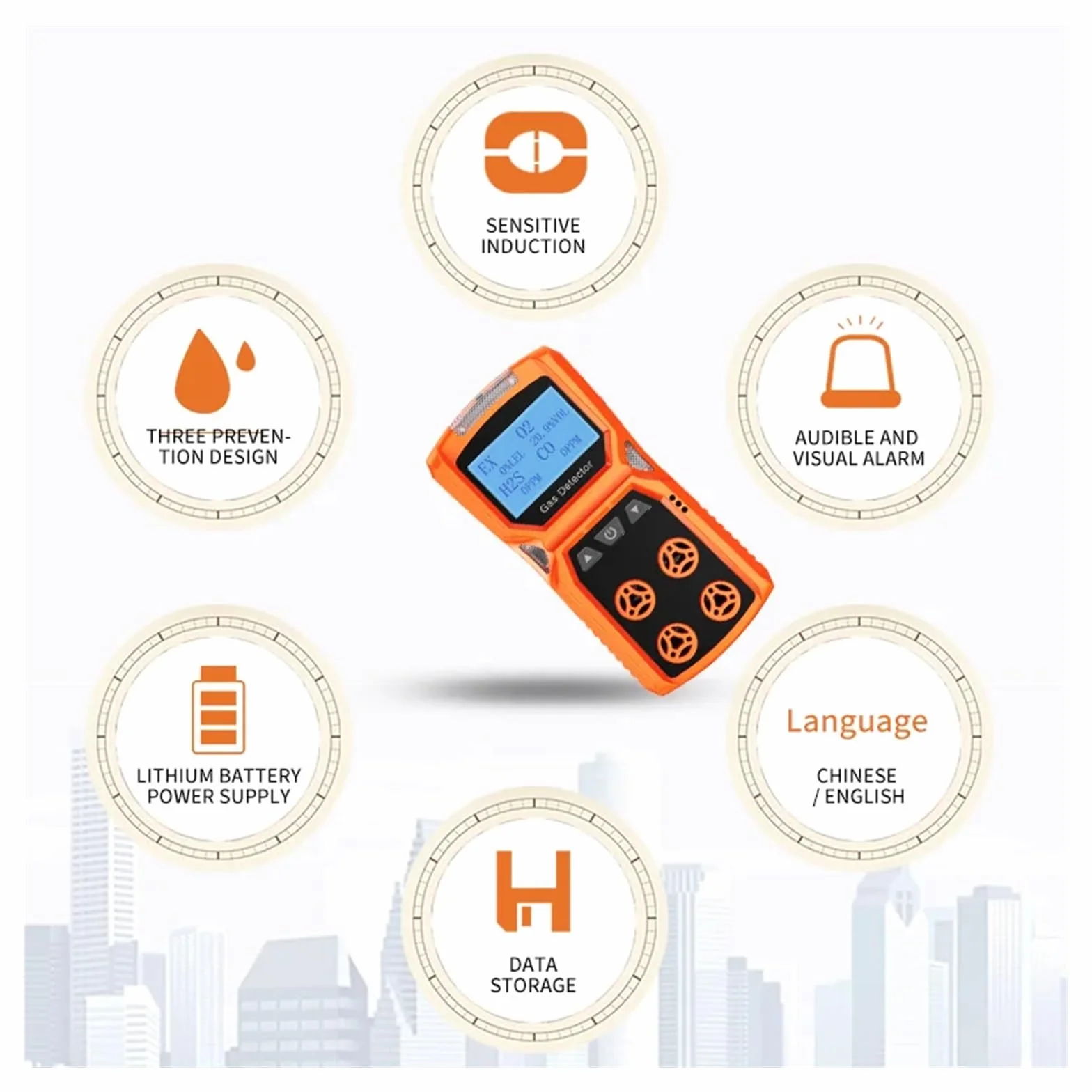 Detektor wielogazowy Miernik gazu O2 H2S CO LEL 4 w 1 Tlen Wodór Siarkowodór Tlenek węgla Detektor wycieku gazu palnego,Regulowana Czułość(Gas Detector)