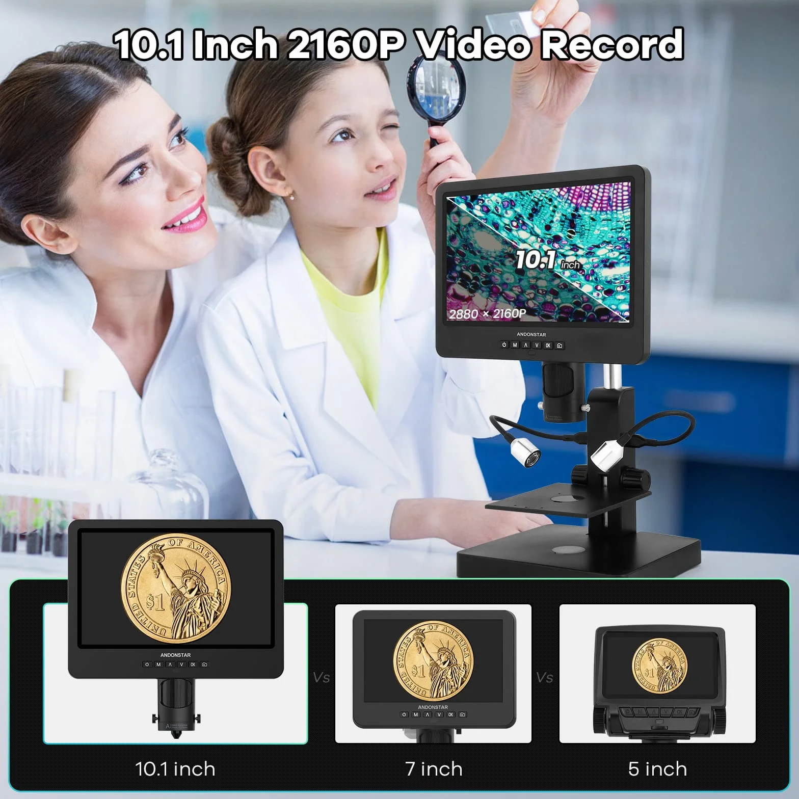 Andonstar AD249S-P Mikroskop cyfrowy HDMI 10,1 cala, obiektyw 4000 x 3 2160P UHD, zestaw mikroskopu biologicznego dla dorosłych, mikroskop monetowy do monet błędów, przygotowane slajdy, karta SD 32 G
