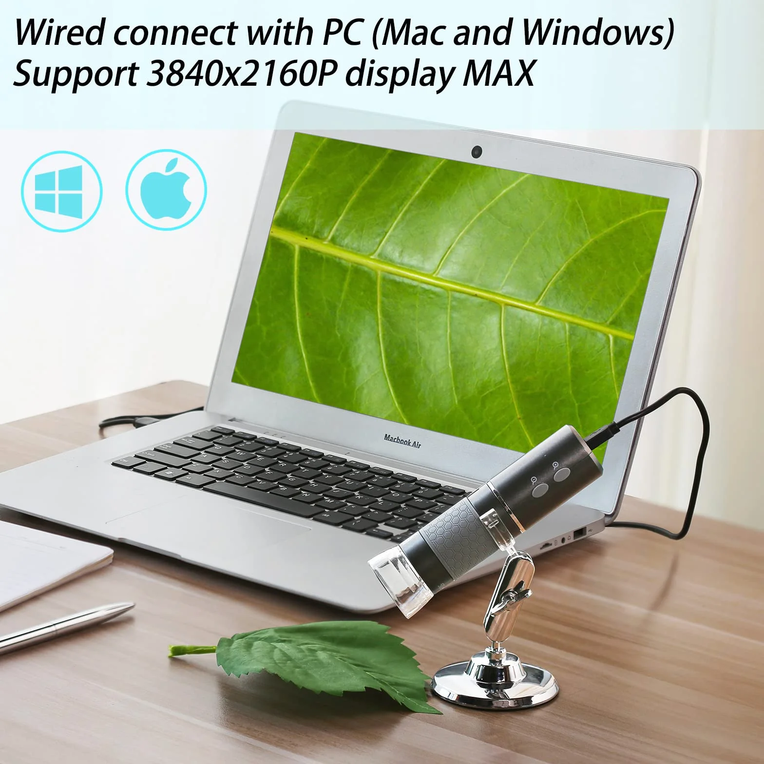 HD 4K 3840 x 2160P WiFi Cyfrowy Mikroskop do iPhone, Android, Windows i Mac - Bezprzewodowy, Przenośny z Podstawką dla Dorosłych i Dzieci