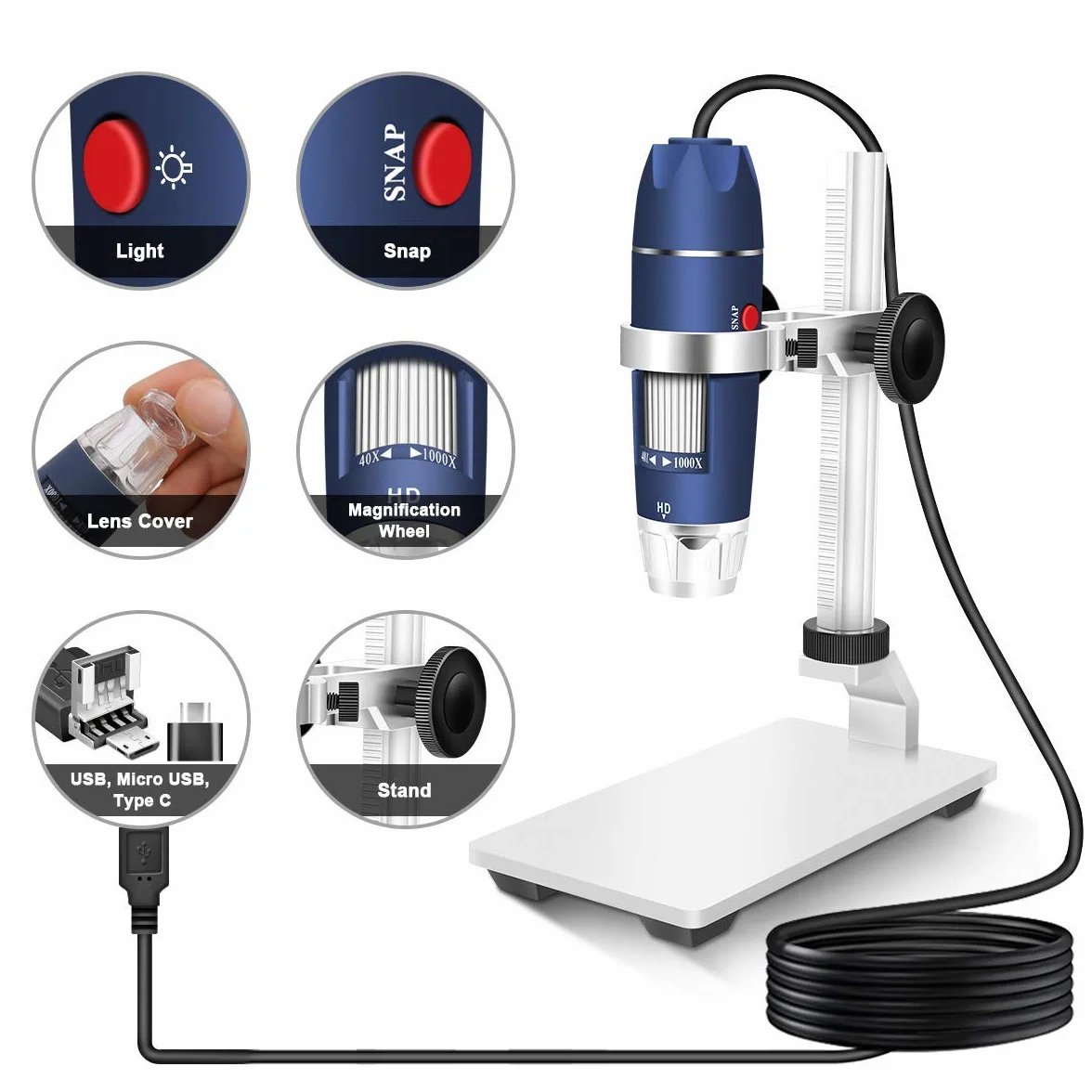 Jiusion HD 2MP USB mikroskop cyfrowy 40-1000X przenośna kamera endoskopowa z 8 diodami LED stabilny stojak ze stopu aluminium do OTG Android Mac Windows 7 8 10 11 Linux